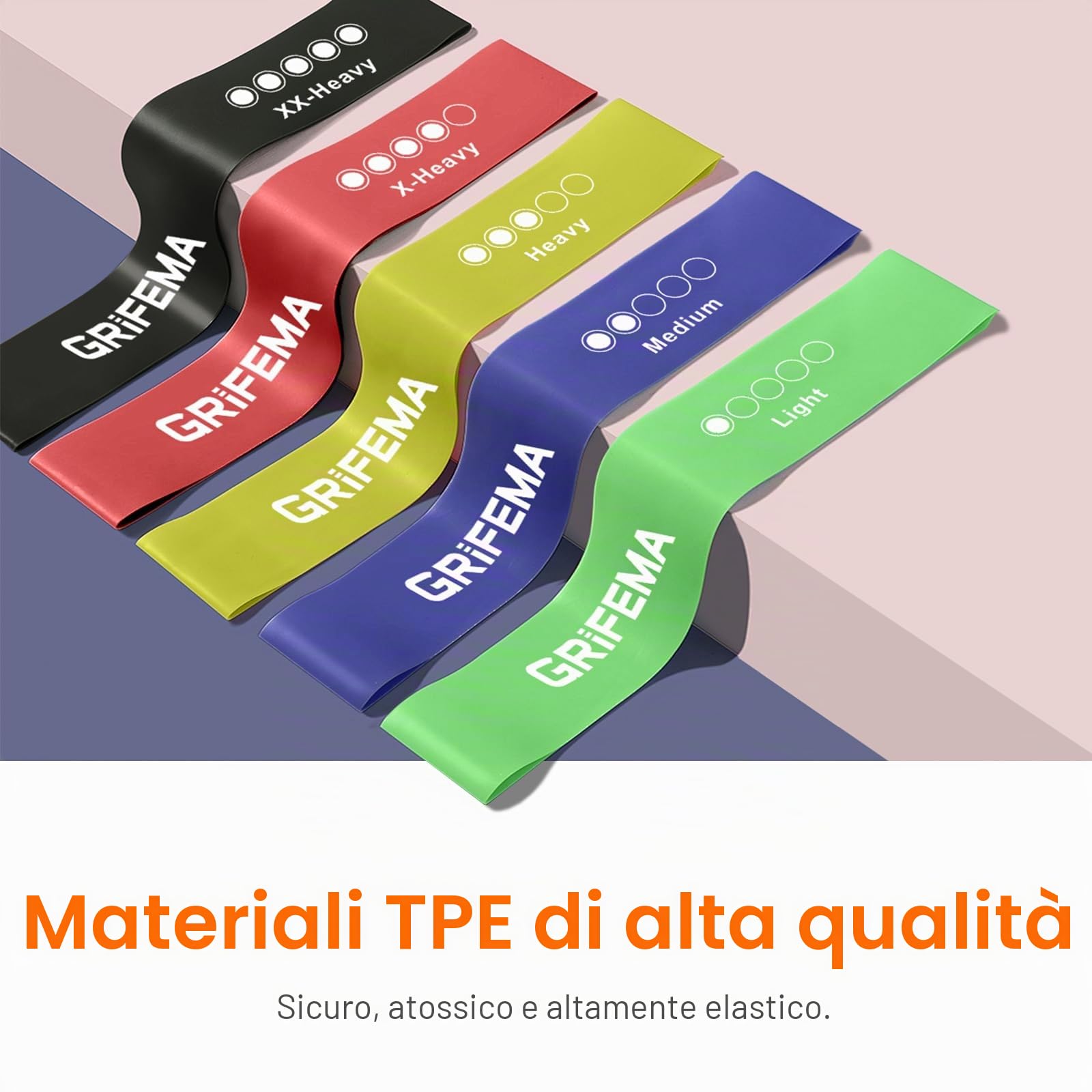 GRIFEMA GA5001 Elastici per Bodybuilding, 5 Livelli di Resistenza, per Yoga, Allenamento di Forza E Pilates, con Guida all'Allenamento E Custodia