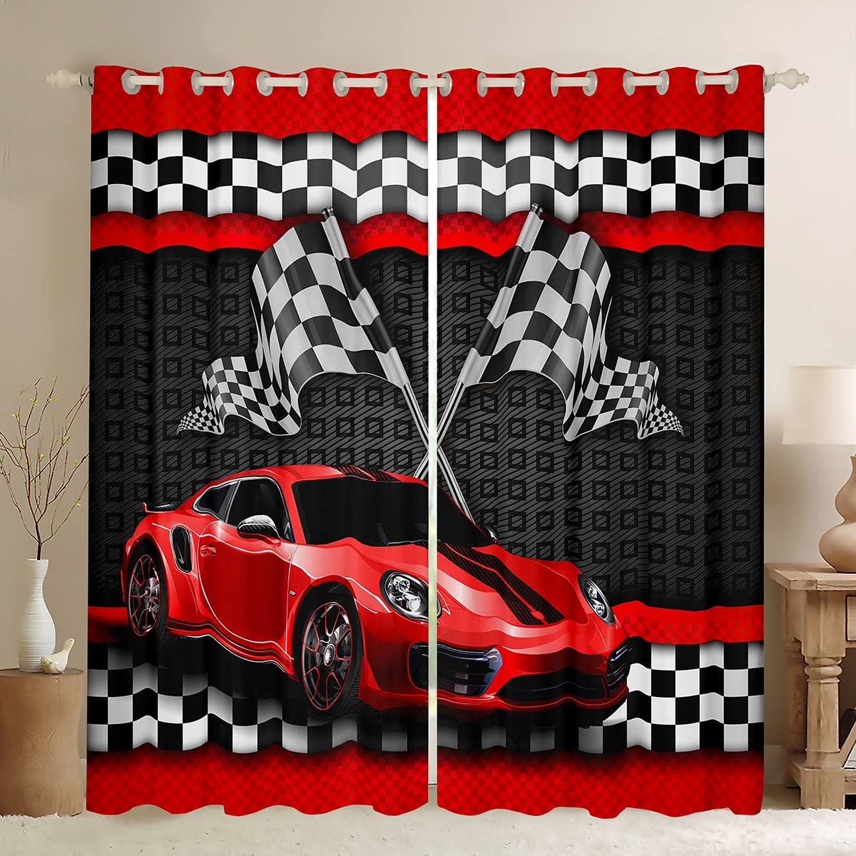 Manfei Racing Car Blackout Curtains Red Sports Car Window Treatments, Black White Checkered Flag Window Drapes for Kids Boys Teens Room Decor, Grommet Top 2 Panel Set Curtains, 46Wx72L inch