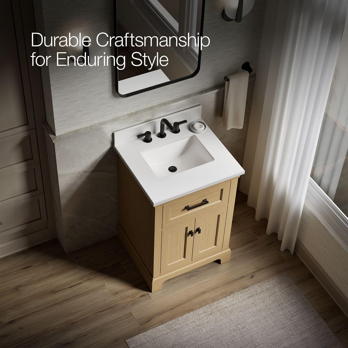Kohler Charlemont 24" Bathroom Vanity Cabinet with White Sink and Quartz Top, Modern Bathroom Storage, Light Oak, K-29259-BD1-WEK
