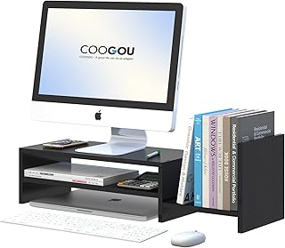 COOGOU Black Desk Conputer Monitor Risers with Organizer Book Shelf,2 Tier Desktop Monitor Stand Riser with Storage,Computer screen stands with Bookshelf ,PC Corner Monitor Shelf
