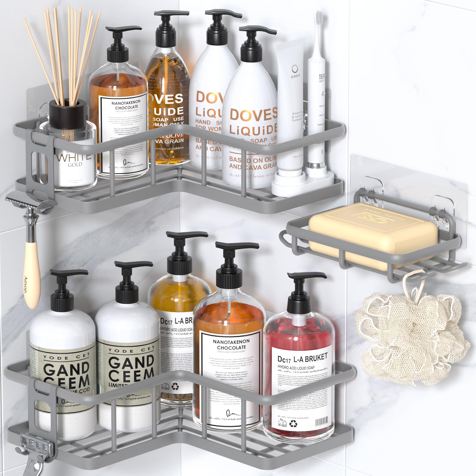 YASONIC Eck-Dusch-Caddy Organizer, 3er-Pack, selbstklebend, rostfrei, Badregale mit Seifenhalter und 4 Haken, großes Fassungsvermögen, Duschregal für Badezimmer-Organisation, Grau