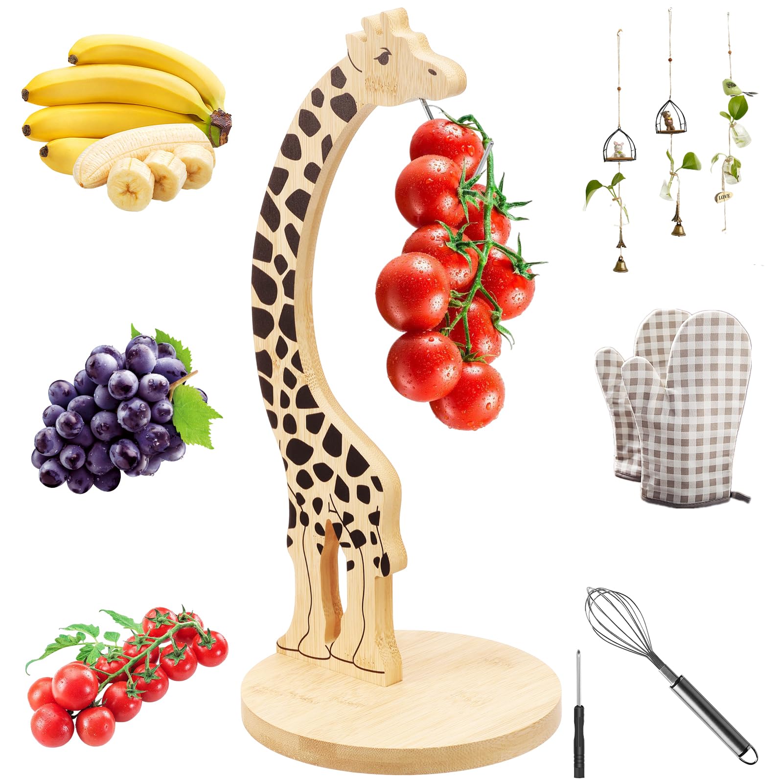Ghshanog Banana Holder Stand,Wooden Banana Hook Hanger,Giraffe Fruit Rack with Stainless Steel Hook,17.7x17.7x38.5cm Decorative Bananas Storage Rack to Keep Fruits Fresh