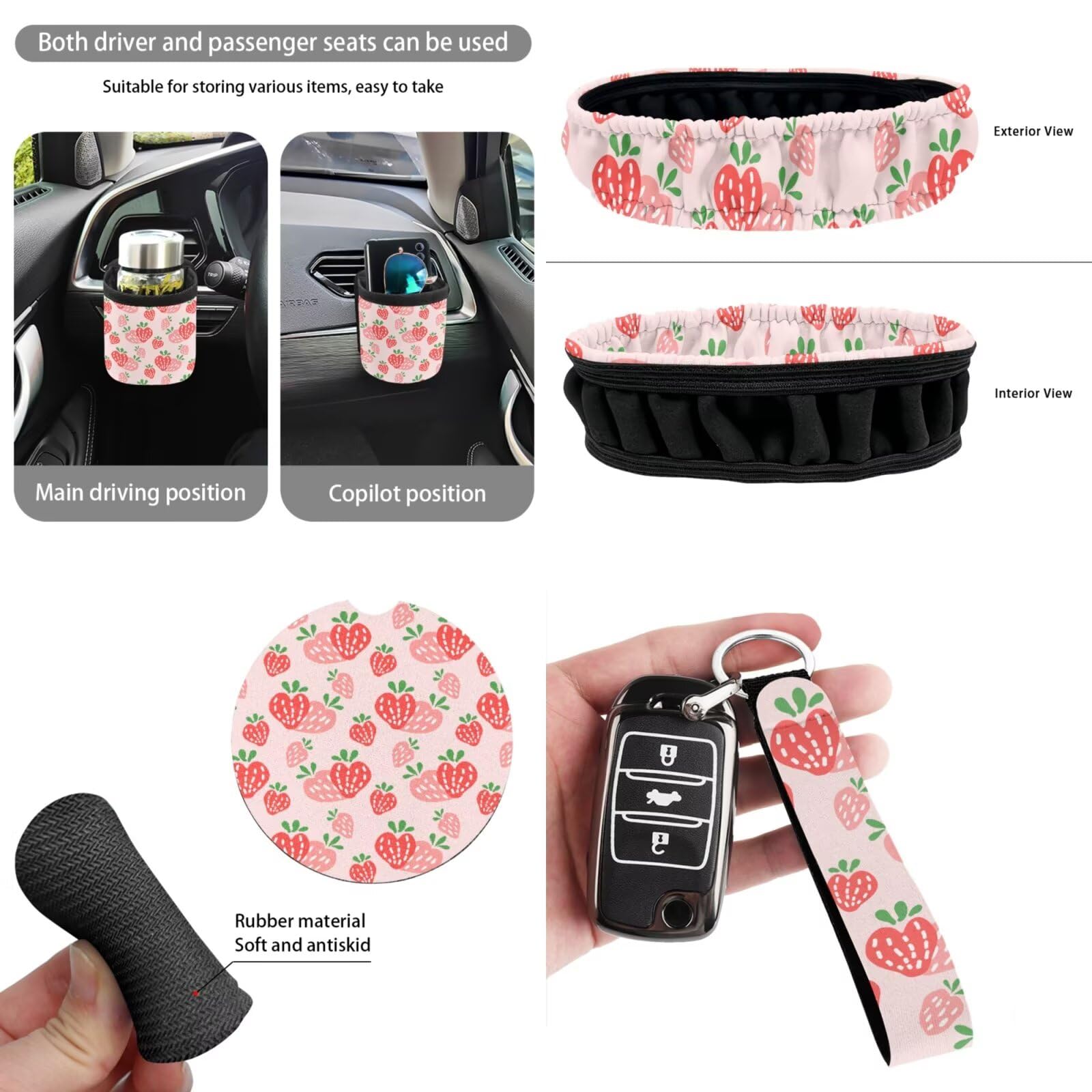 Set completo di coprisedili per auto rosa fragola con coprivolante da 38,1 cm, pattumiera, cinture di sicurezza, portabicchieri, copertura per specchietto retrovisore, tasca per bocchetta