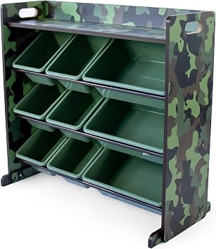 Humble Crew Toy Storage Organizer with 9 Removable Storage Bins for Kids Playroom, 3-Tier with Top Shelf Toddler Toy Organization, Army Green Camo