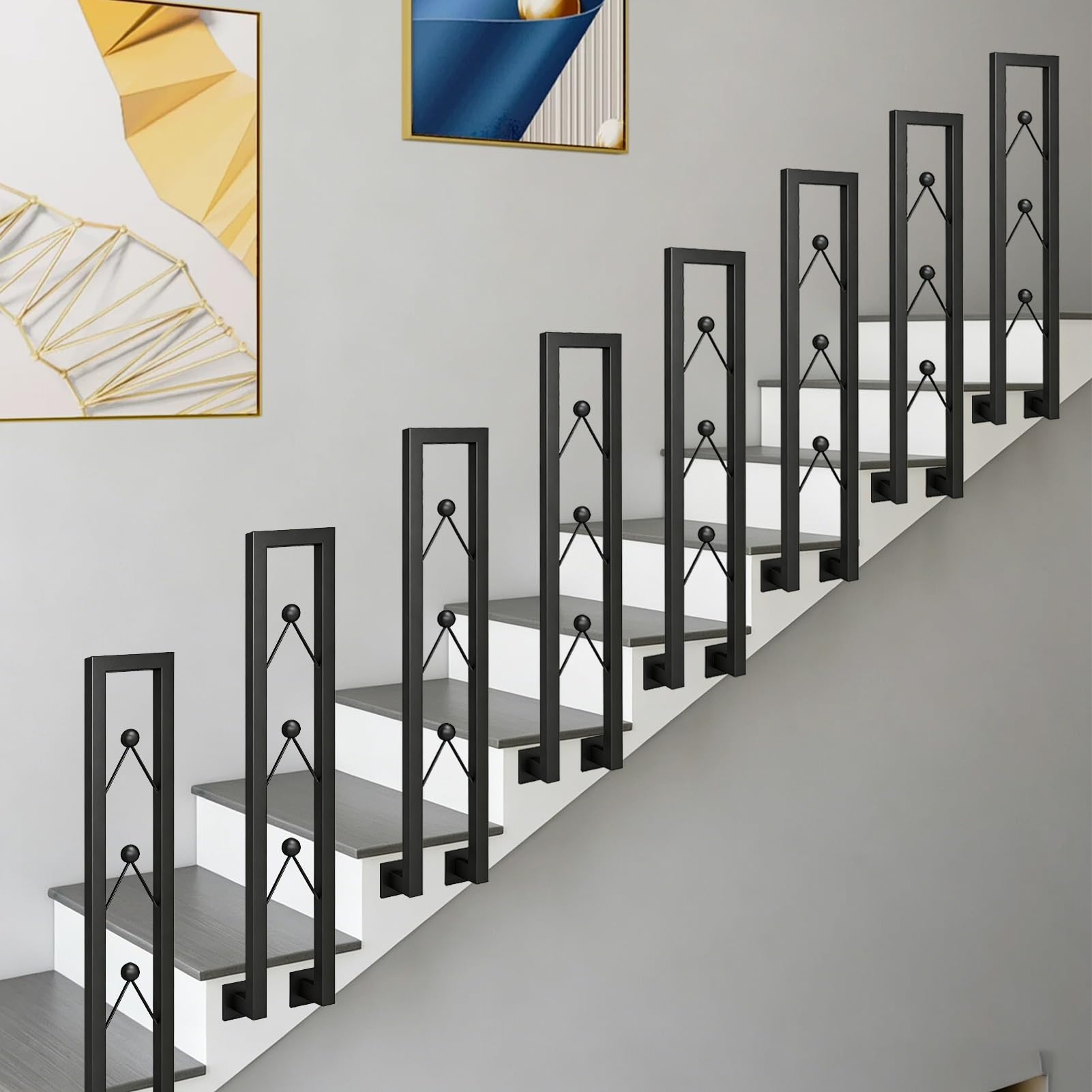 Square Handrail Black Baluster for Stairs Indoor Outdoor Steps, Wrought Iron Railing (1-Pack) Side Mounted Transitional Guardrail with Installation Kit(85cm/33in)