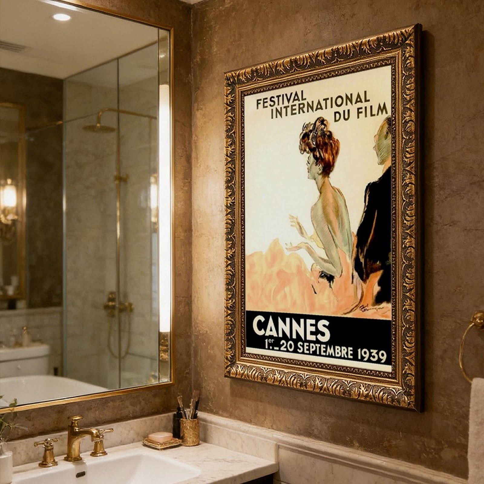WCYB Festival International Du Film Fest 1939 Cannes Movie Fashion Couple Vintage Poster Stampe Canvas Deco Dipinti Wall Art Hangable Frame 20,3 cm L x 30,5 cm W