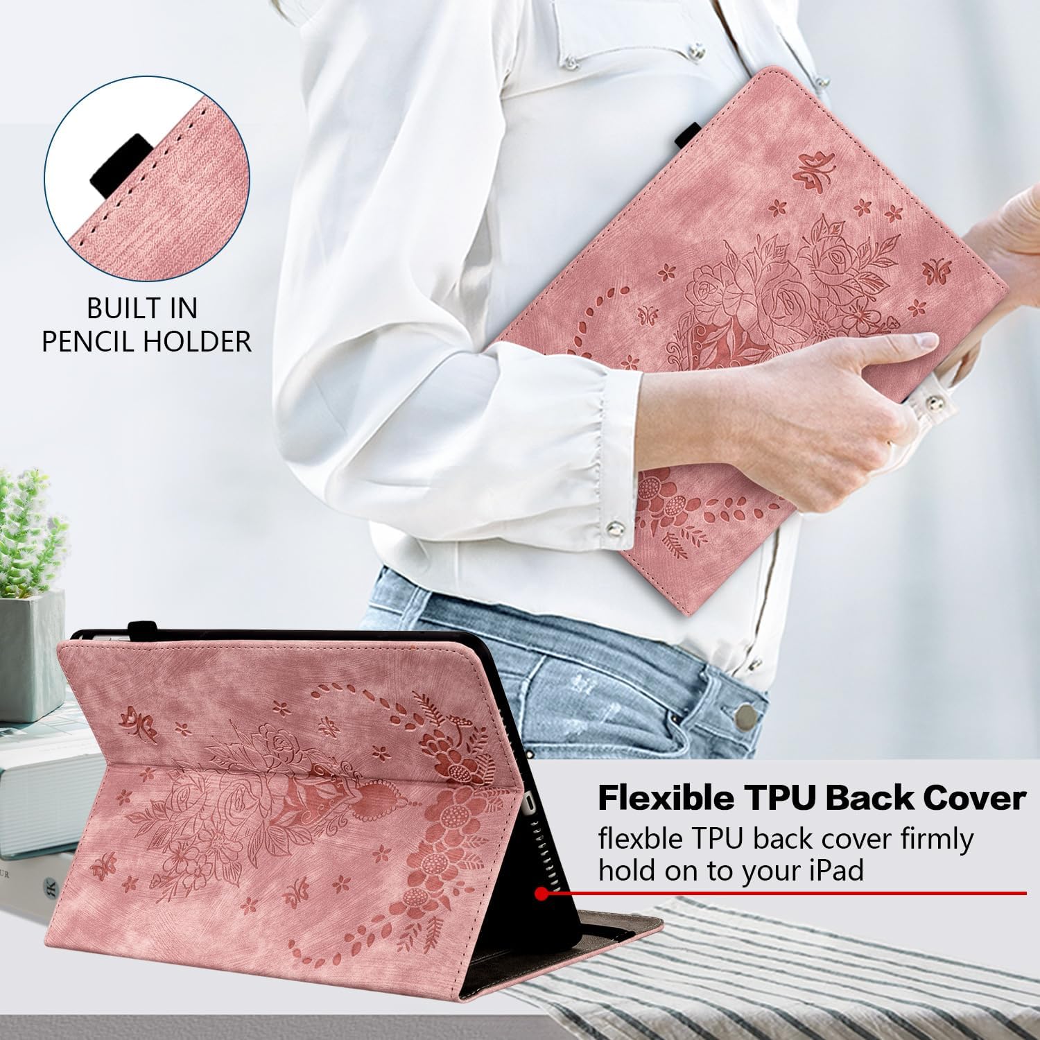 Case for iPad (A16) 11th Generation 11 Inch 2025, iPad 10th Generation 10.9 inch 2022, Auto Wake/Sleep Multi-Angle Flip PU Leather Cover with Pencil Holder, Pink