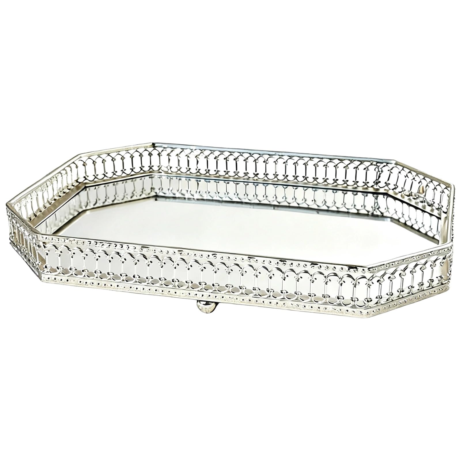 Packool Decorative Vanity Tray Large Rectangular Silver Mirrored Tray, 11.2 in / 28.5 cm Perfume Trays for Dresser, Elegant Hollow-Carved Design, Iron Serving Tray for Home Decor