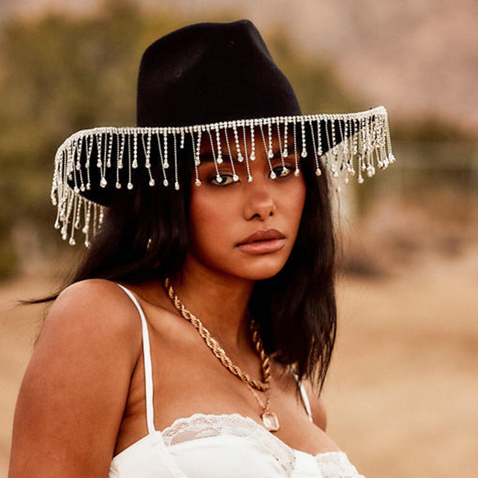 ibasenice Sombrero de Estilo Occidental para Mujer Detalles Borlas para Bodas y Fiestas Sombrero Occidental Eventos Especiales