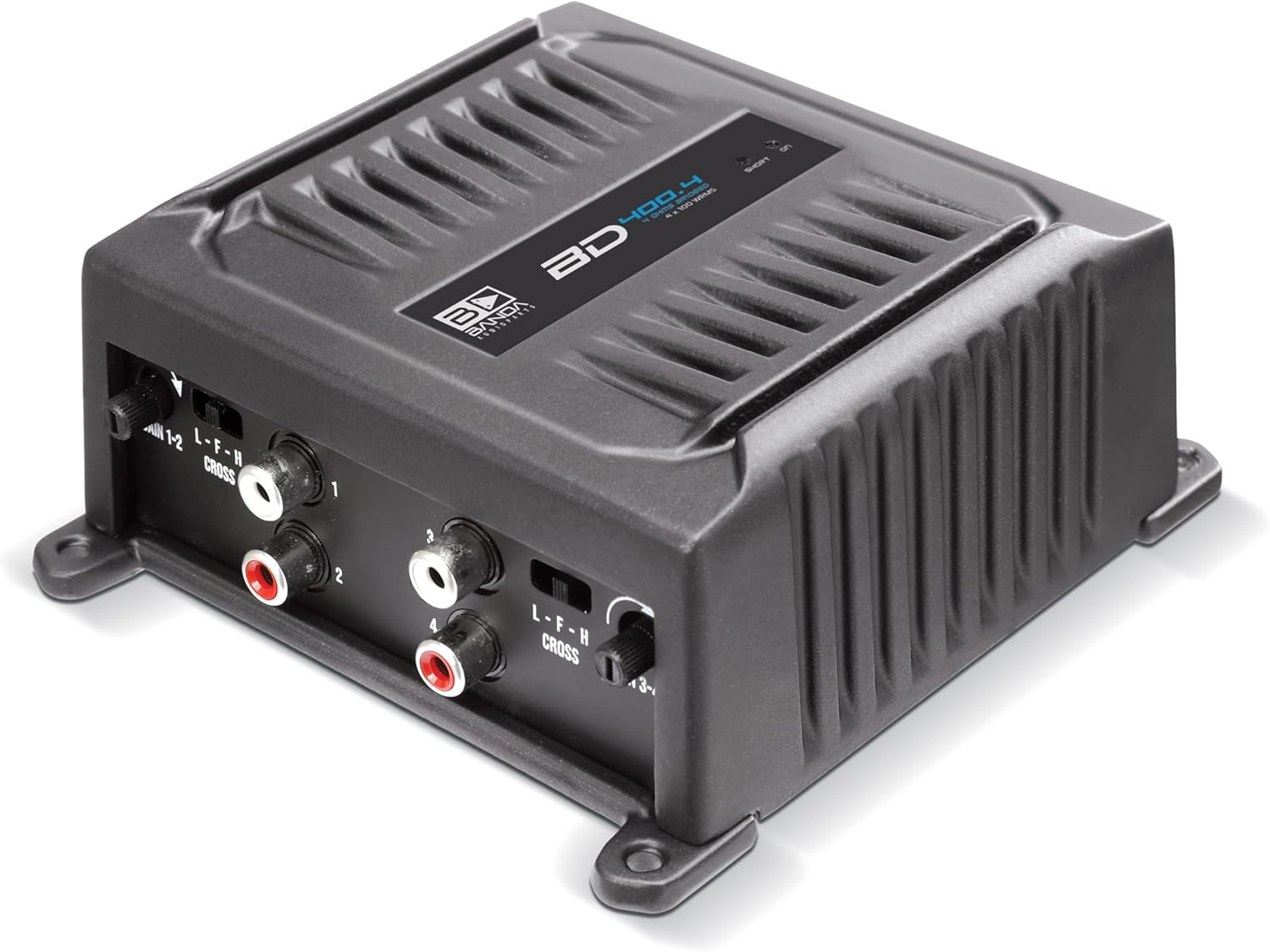 Back view of Banda Audioparts BD400.4 amplifier showing power, remote, ground, and speaker terminals.