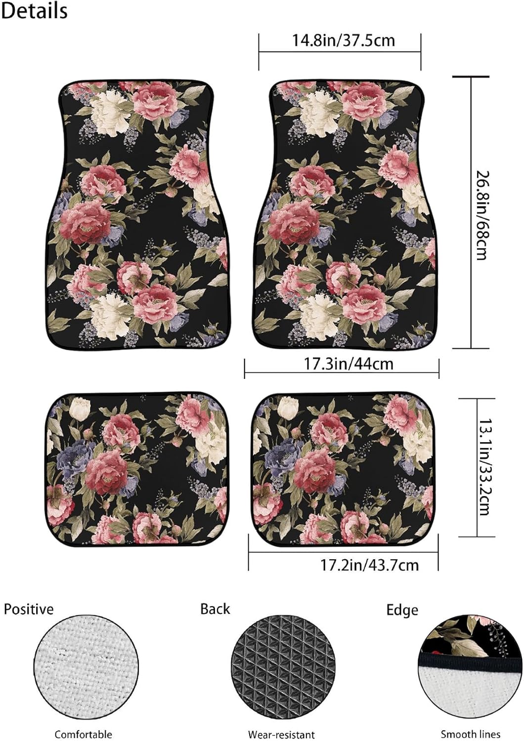 Dark Vintage Floral Flowers Print Car Floor Mats Set of 4,Seamless Floral Pattern with Peonies Watercolor Vehicle Front Rear Carpets Mats Universal Car Floor Rugs Car Accessories for Van Truck - Image 2