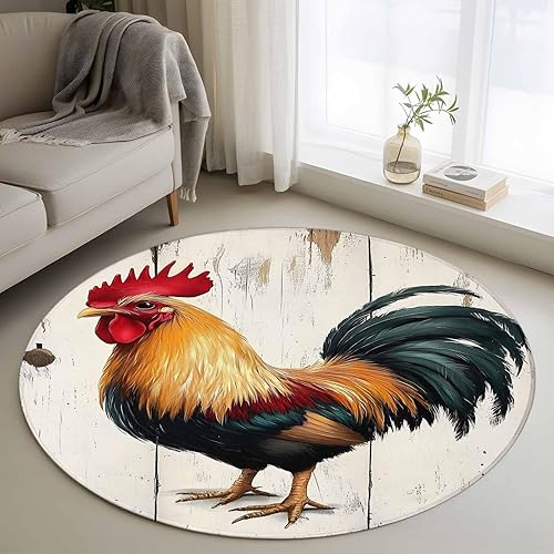 3.3ft Round Rug, Retro Rooster Non-Skid Rubber Backing Large Area Rugs - Living Room Bedroom Home Office, Watercolor Animals Farmhouse Indoor Floor