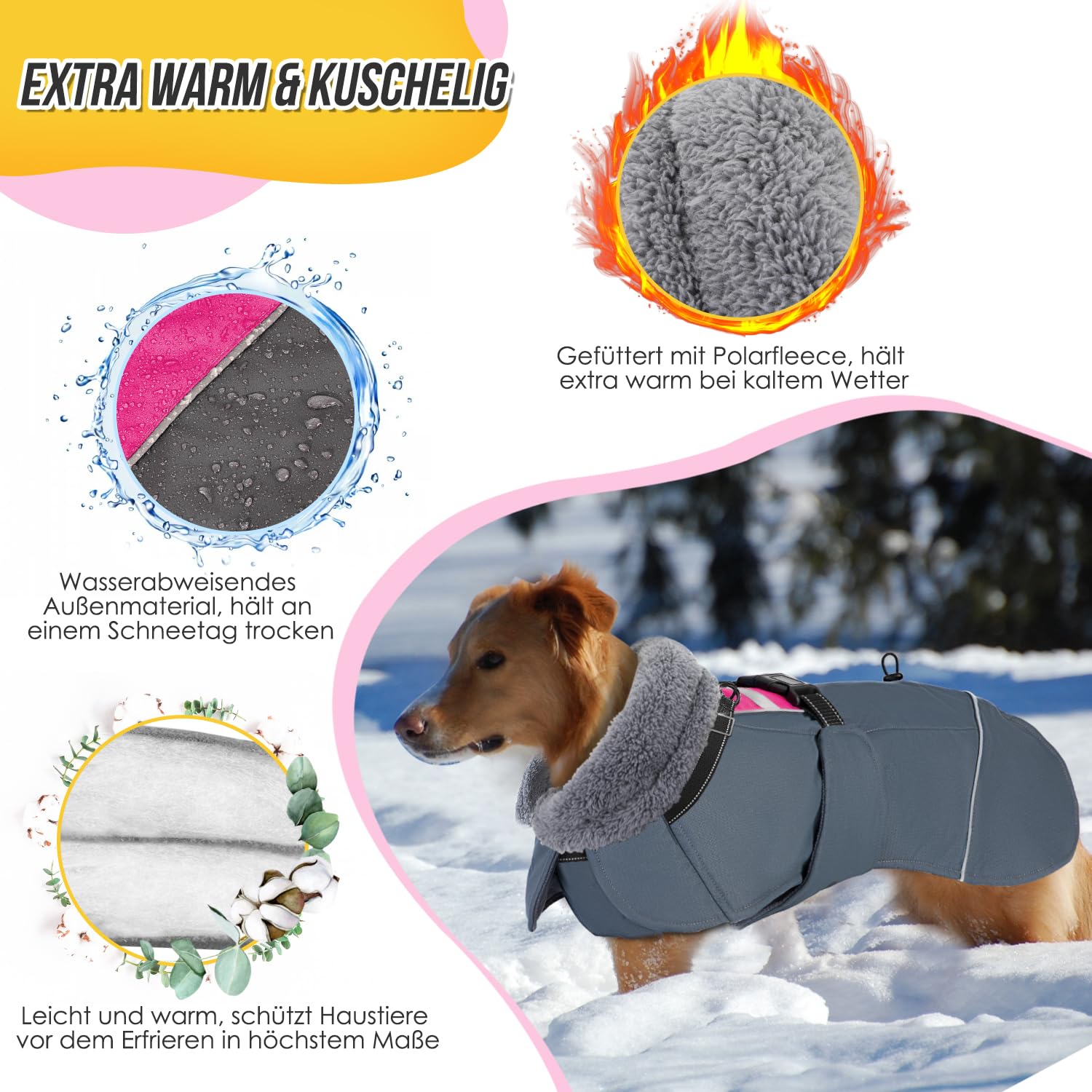 Eyein Hundemantel Winter für Große Hunde, Wasserdicht Hundejacke mit warmem Fleecefutter und Halsband, Winddichter Wintermantel Hund mit Bauchschutz und Verstellbarem Brustriemen, Rosa, XXXL