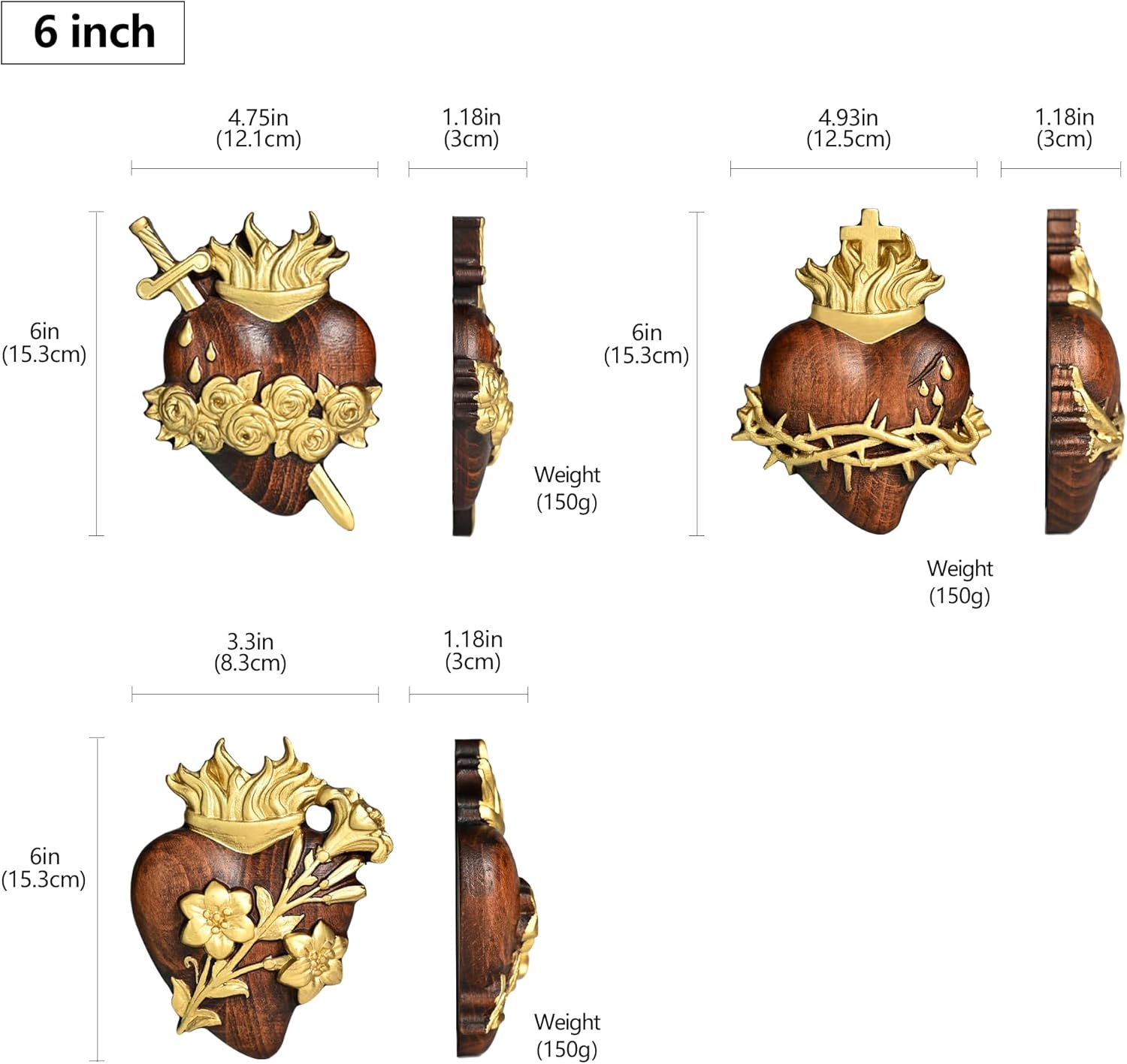 bgcarpenter Three Sacred Hearts Wall Decor Wooden Sacred Heart of Jesus Immaculate Heart of Mary Most Chaste Heart of St.Joseph, Religious Handmade Holy Family Wall Art (6 Inch)