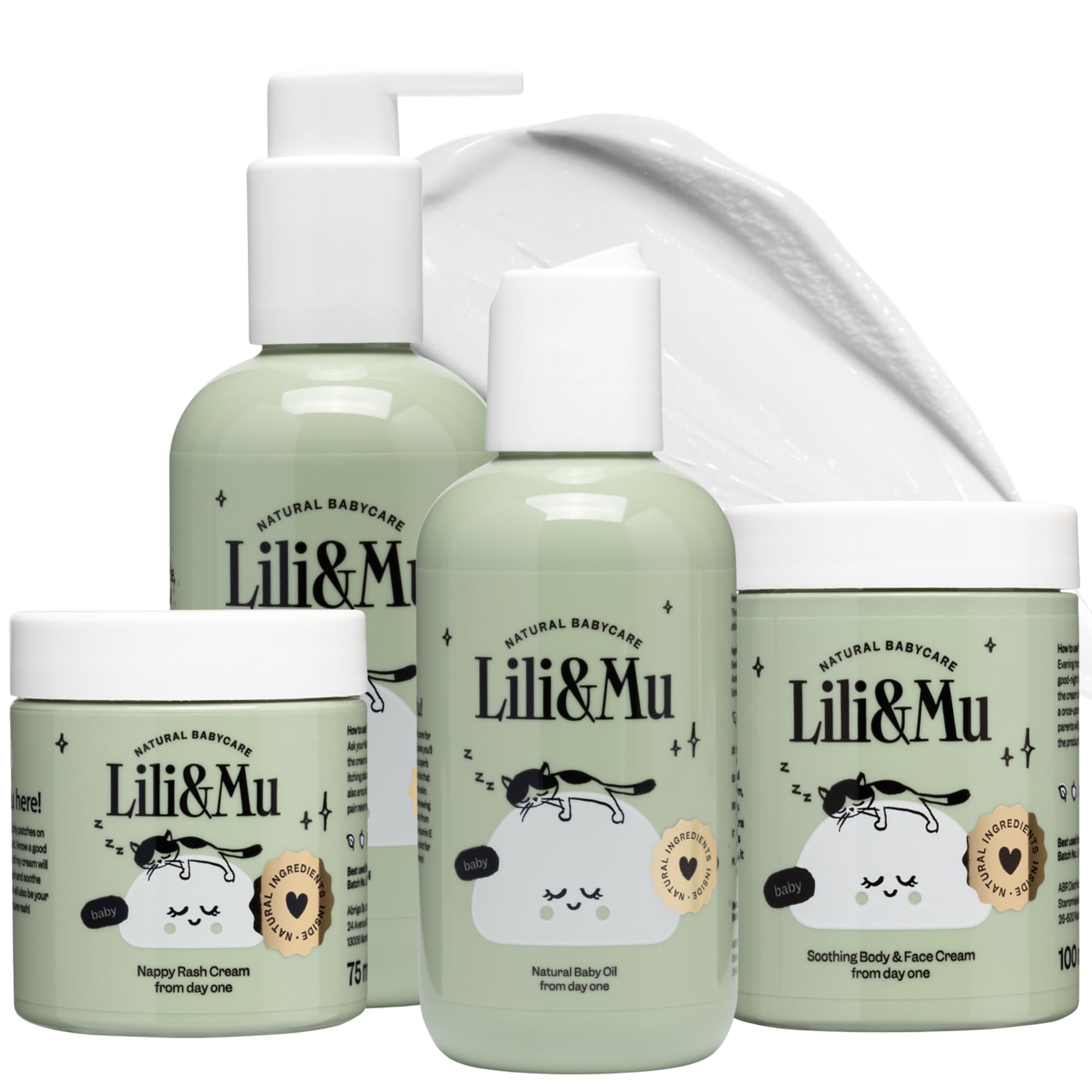 Lili&Mu - Crema idratante + Olio naturale per la cura + Crema allo zinco + Shampoo e gel doccia - Lozione cosmetica naturale per la cura dei bambini