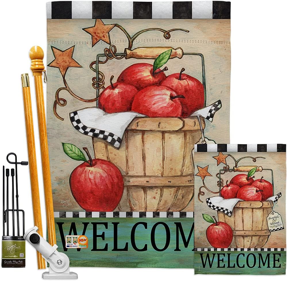 Fruits Apple Basket House Flag Dowel Set Food Pineapple Strawberry Watermelon Tropical Aloha Summer Small Decorative Gift Yard Banner Made In USA 28 X 40