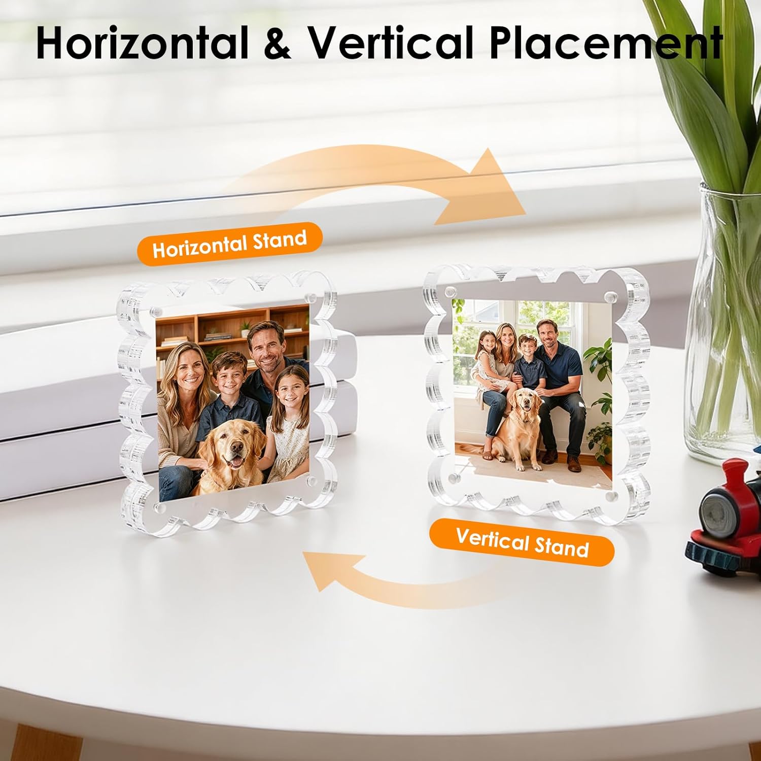 3 Pack Acrylic 4x4inch Magnetic Picture Frame,Double Sided,10+10mm Thick Block,Picture Frames Acrylic Photo Scalloped Frames Freestanding Gifts for Desk,Fridge, Locker,Office Cabinet(Clear,4x4)