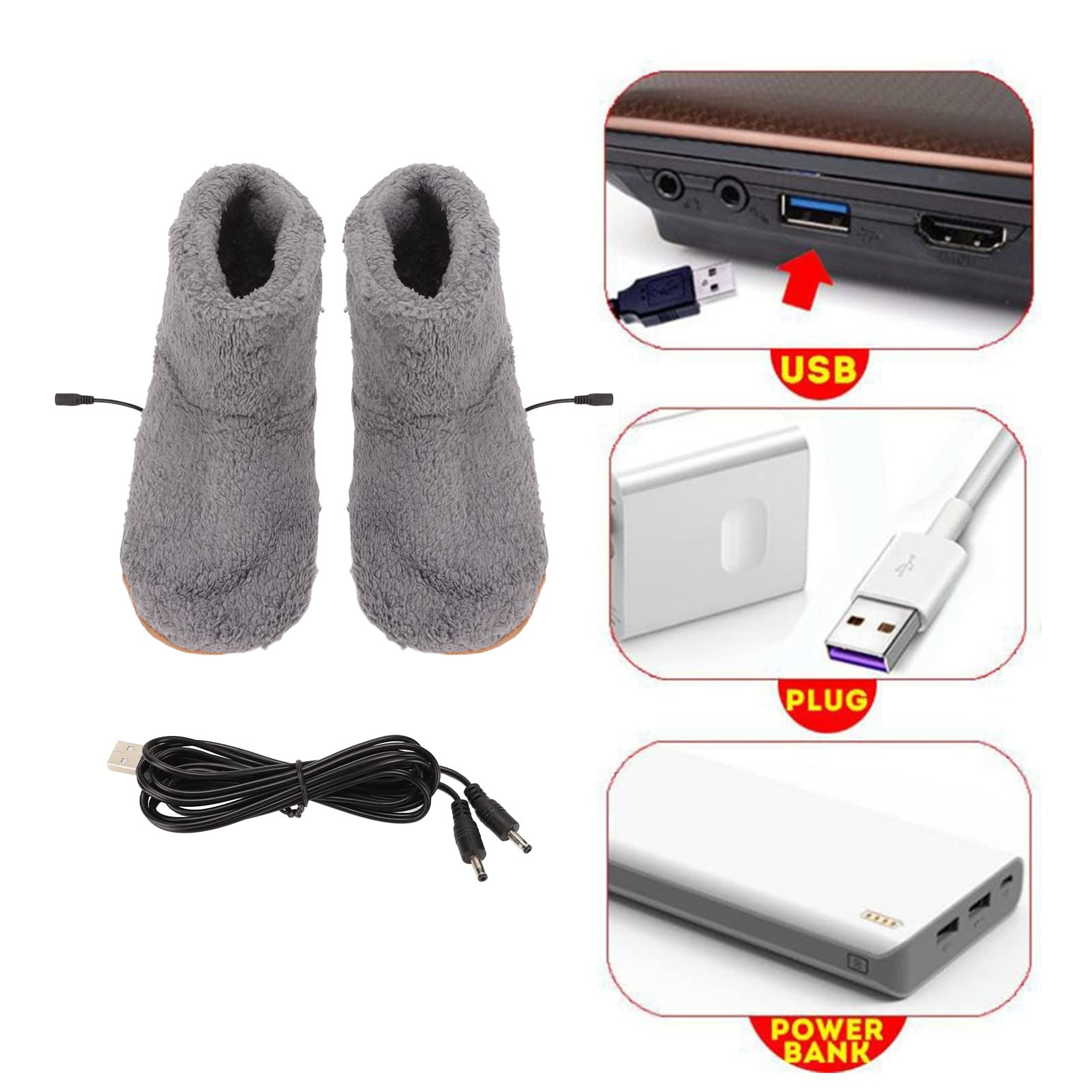 Podgrzewane Buty do Podgrzewania Stóp, USB Ładowanie Elektryczne Miękkie Pluszowe Buty Ogrzewania, Odporność na Poślizg Ogrzewanie Butów Podgrzewających Stopy Dla Kobiet Mężczyźni (Szary)