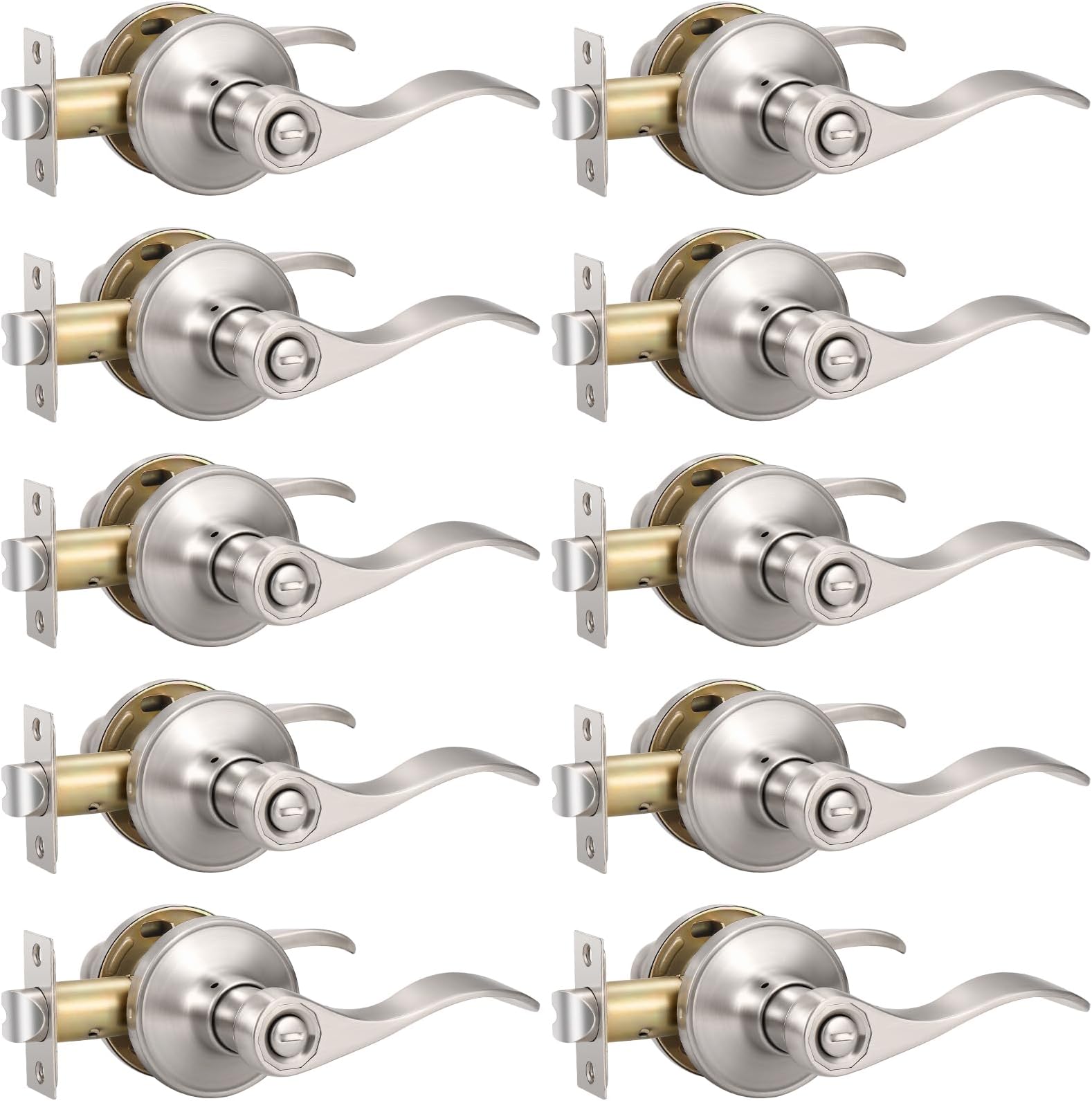- Knobonly 10 Pack Brushed Satin Nickel Door Lever Privacy Door Handles, Zinc Alloy Door Handle Interior, Keyless Lock for Bedroom or Bathroom