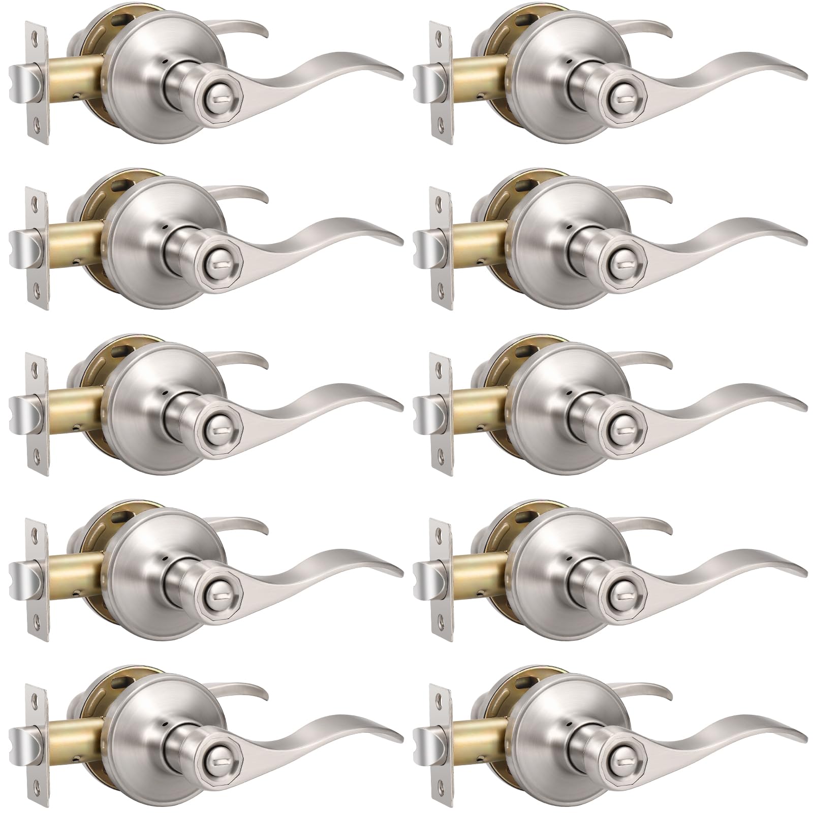 Knobonly 10 Pack Brushed Satin Nickel Door Lever Privacy Door Handles, Zinc Alloy Door Handle Interior, Keyless Lock for Bedroom or Bathroom