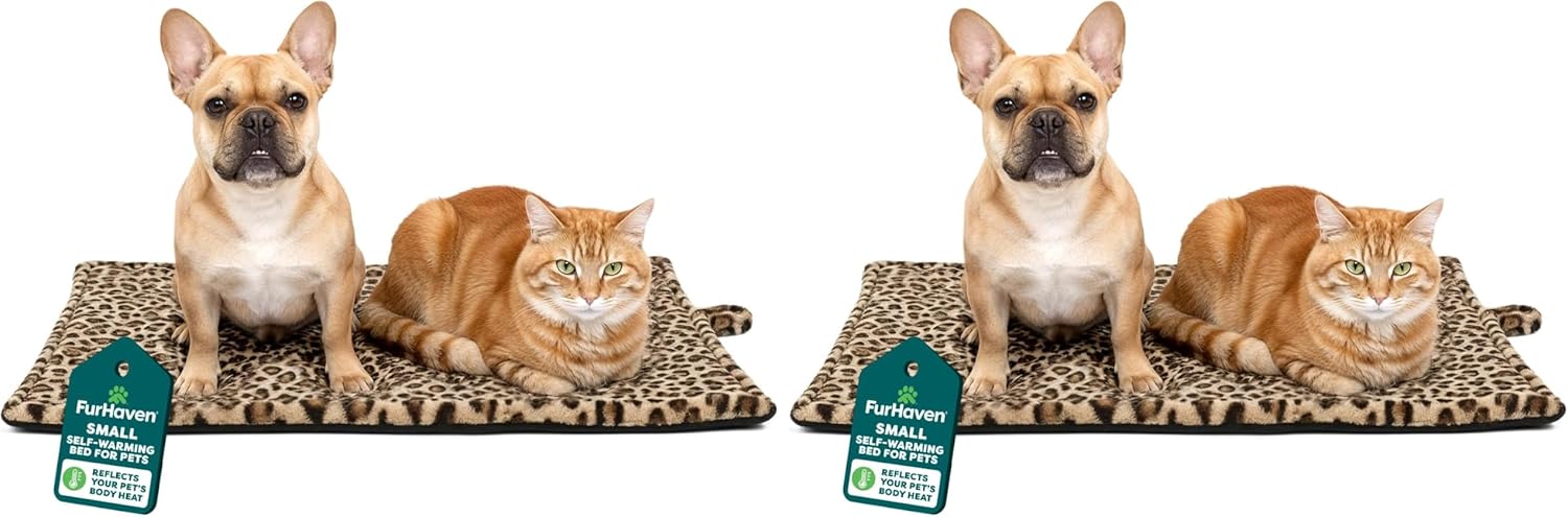Furhaven ThermaNAP Self-Warming Cat Bed for Indoor Cats & Small Dogs, Washable & Reflects Body Heat - Quilted Faux Fur Reflective Bed Mat - Leopard, Small (Pack of 2)