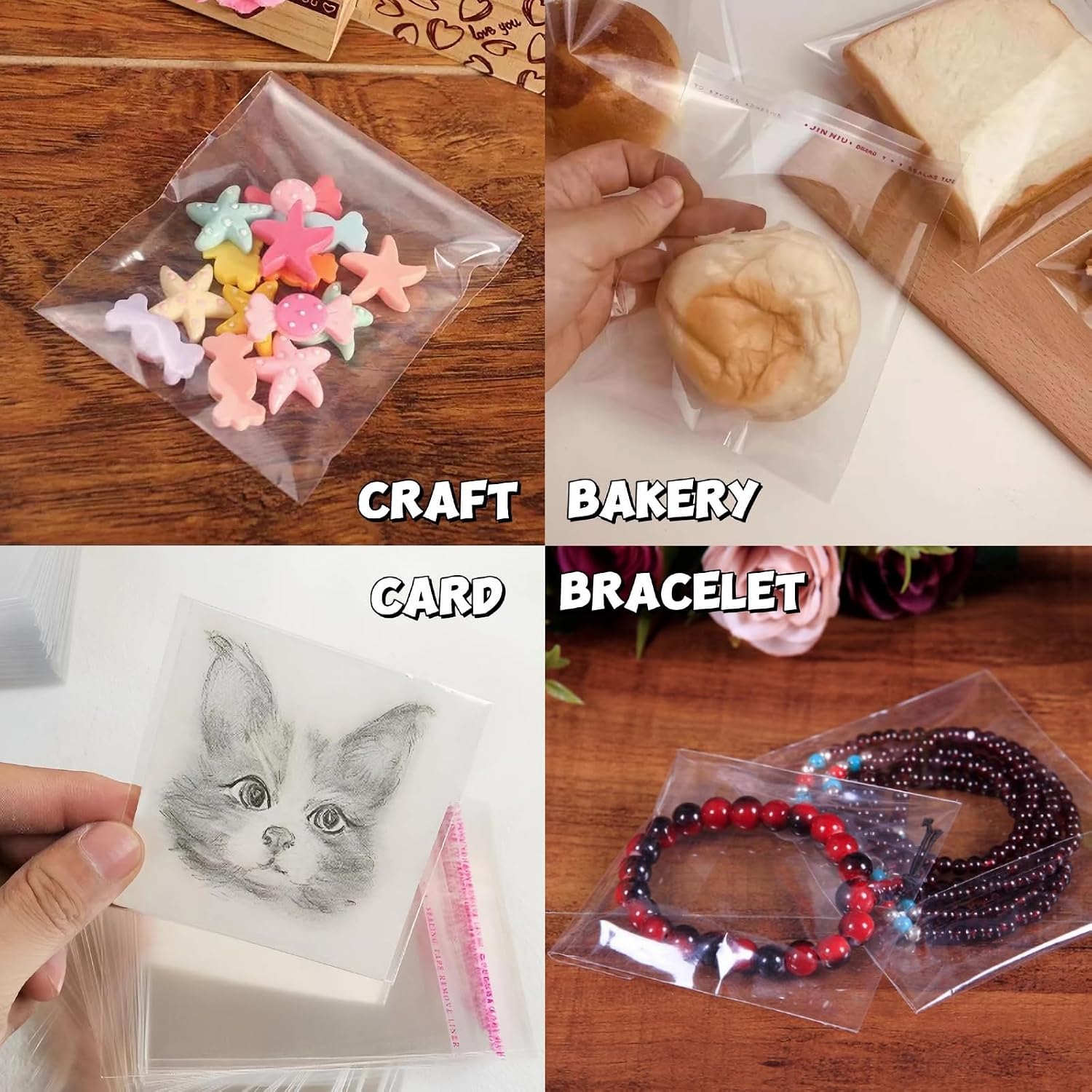 Small Self-stick Plastic Bags 1000 Count 4" x 4" Resealable Cellophane Bags Clear Adhesive Square OPP Bags for Cards Paints Bracelets Bakery Soap Crafts Decorative Favors image 5