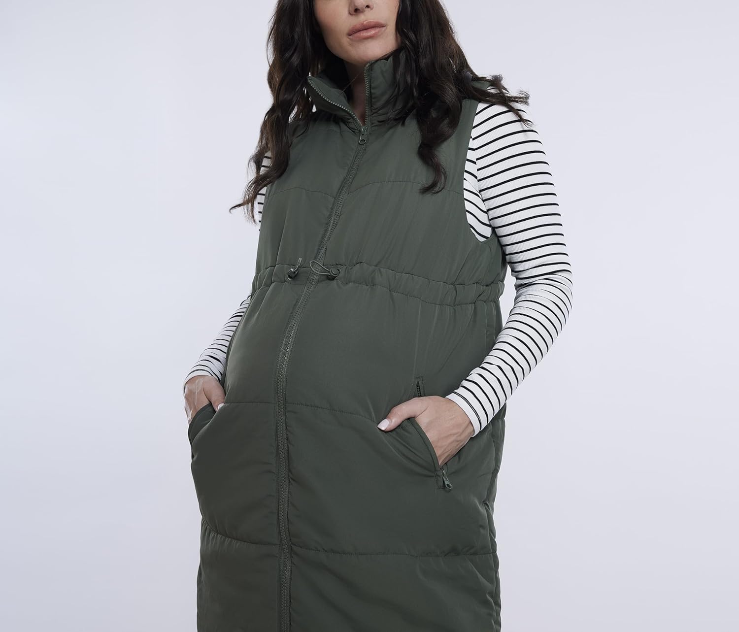 Motherhood Maternity Women's Sleeveless Long Pregnancy Puffer Vest with Pockets