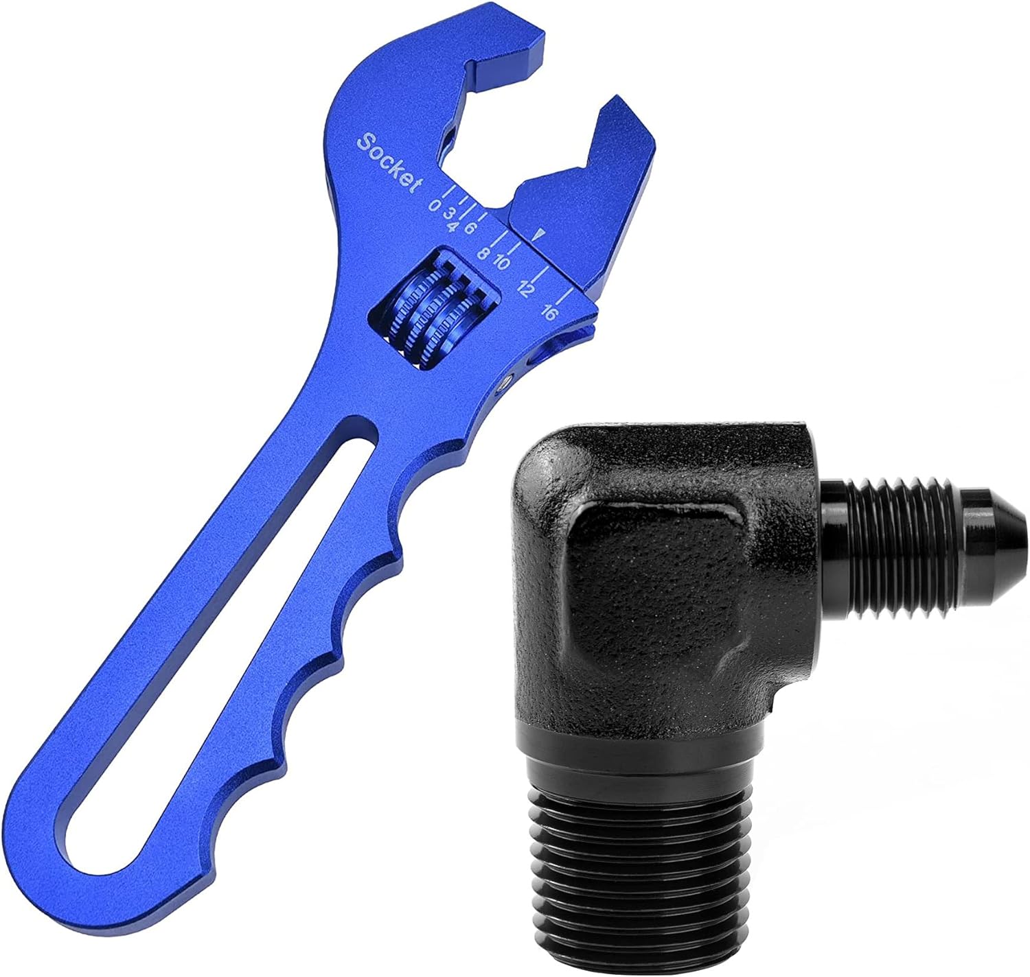 EVIL ENERGY 4AN to 3/8" NPT Male 90 Degree Fitting Bundle with Adjustable 3AN-16AN Wrench Aluminum Blue