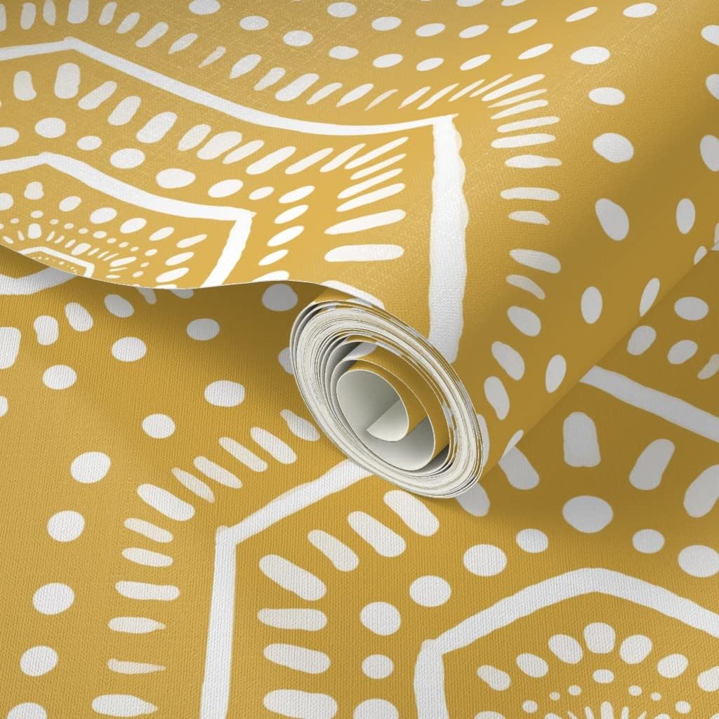 Spoonflower Peel & Stick Wallpaper Swatch - Boho Mustard Yellow Dots Paint Tribal Bohemian Hexago Custom Removable Wallpaper
