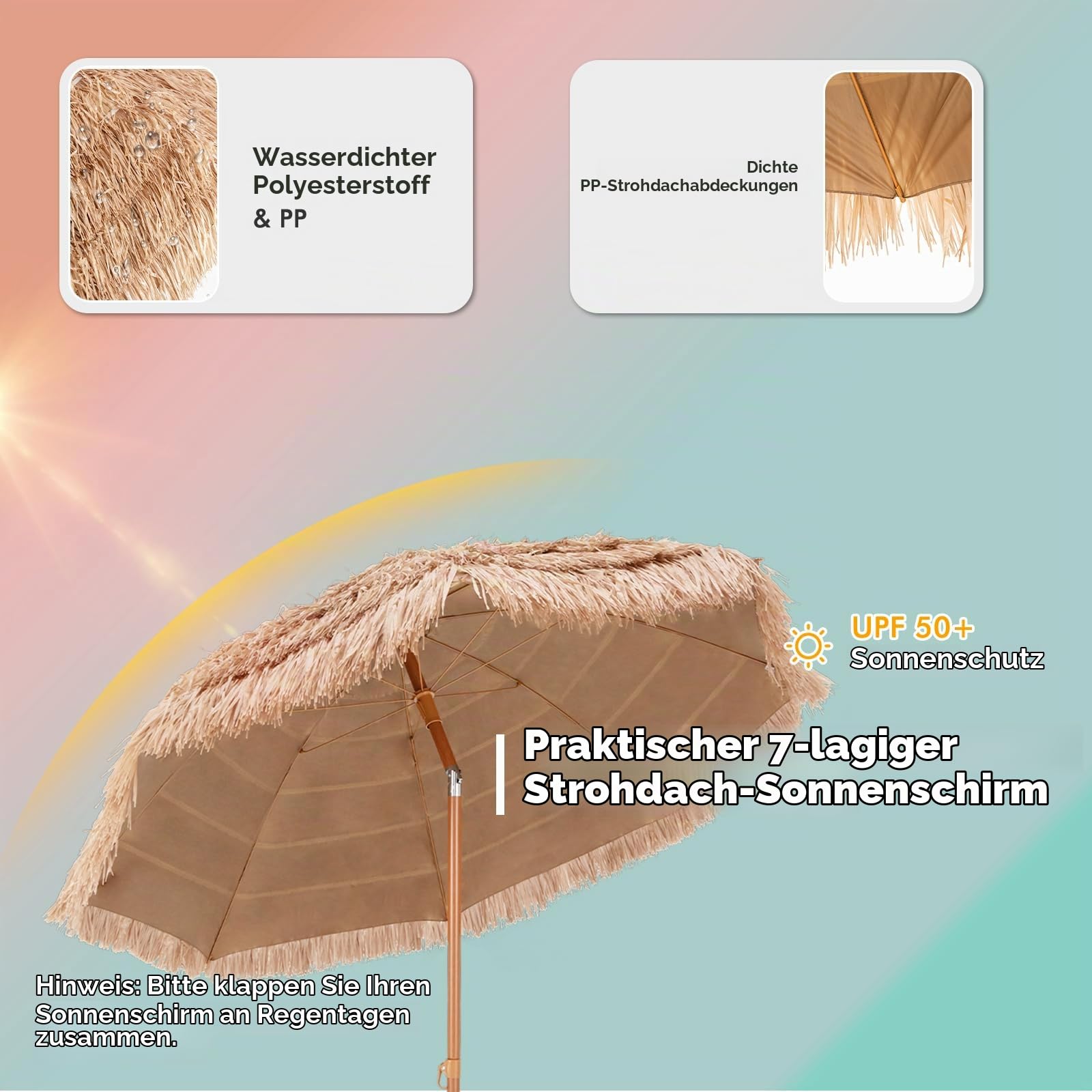 KOMFOTTEU φ2,2M Sonnenschirm Hawaii, Strandschirm 30° knickbar, Balkonschirm Strohschirm mit Sonnenschutz & 8 Rippen, Marktschirm für Garten, Strand