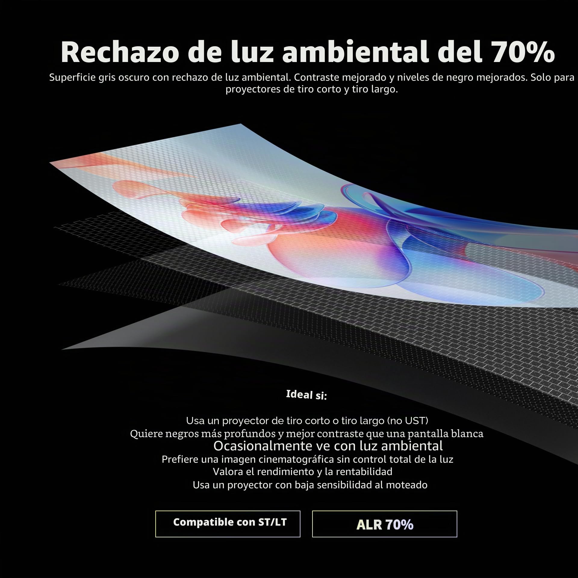 FlowArc Pantalla de Proyección 100 Pulgadas, Eléctrica Motorizada, Black Crystal 4K ALR, Montaje en Pared y Techo, Compatible con Proyectores ST/LT (No UST), para Ambientes Luminosos