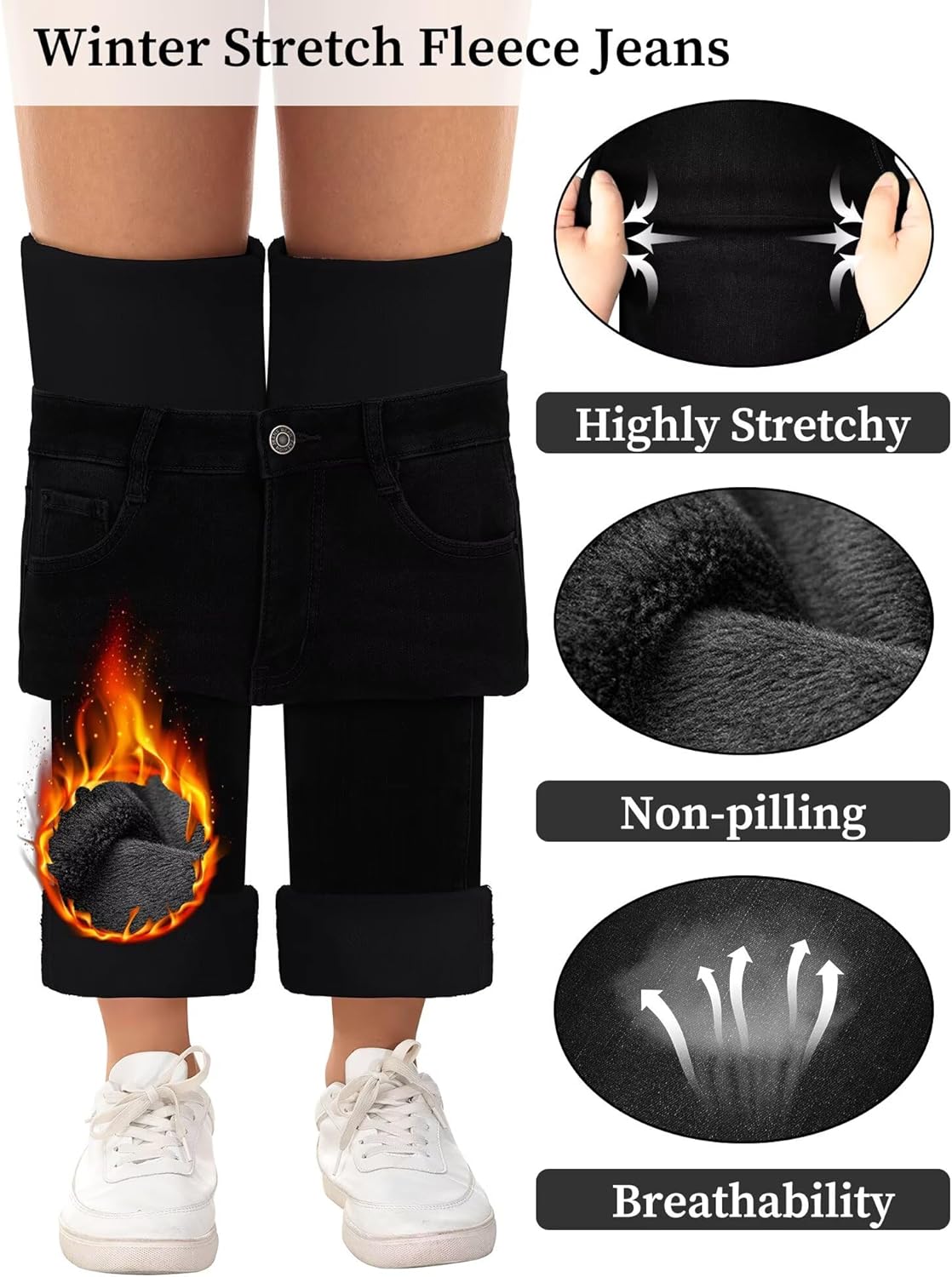 KDF Women's Fleece Lined Jeans Women Straight Leg Winter Fleece Lined Pants High Waist Lined Jeans Heated Wide Leg Jeans - Image 4