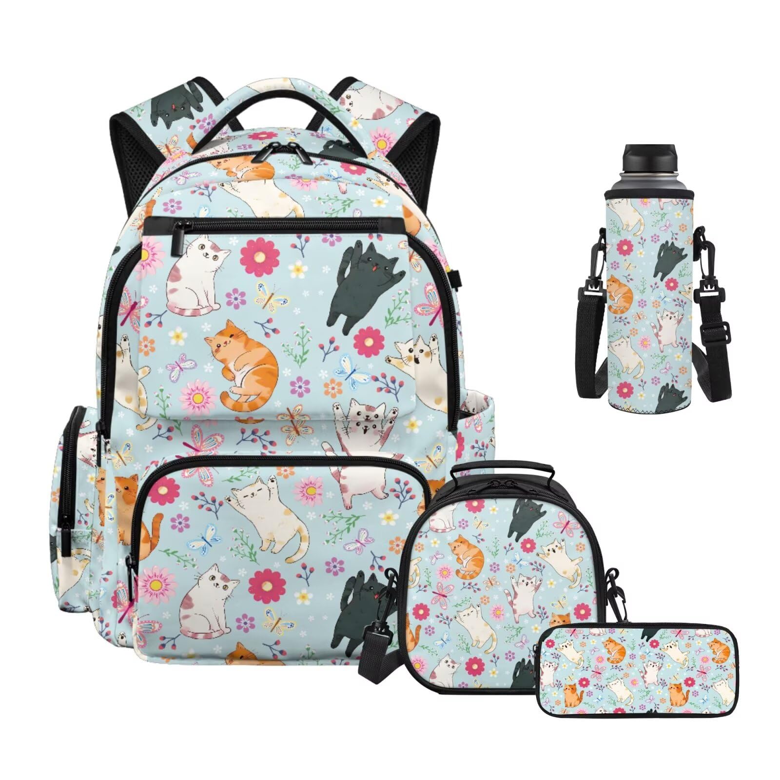 Kinder Rucksack Set 4-in-1 für Grundschule Mittelschule Schultasche mit Lunchbox Federmäppchen Wasserflasche Tasche für Mädchen Jungen, Hellblaue Katze mit Blumenmuster, Rucksack Backpacks