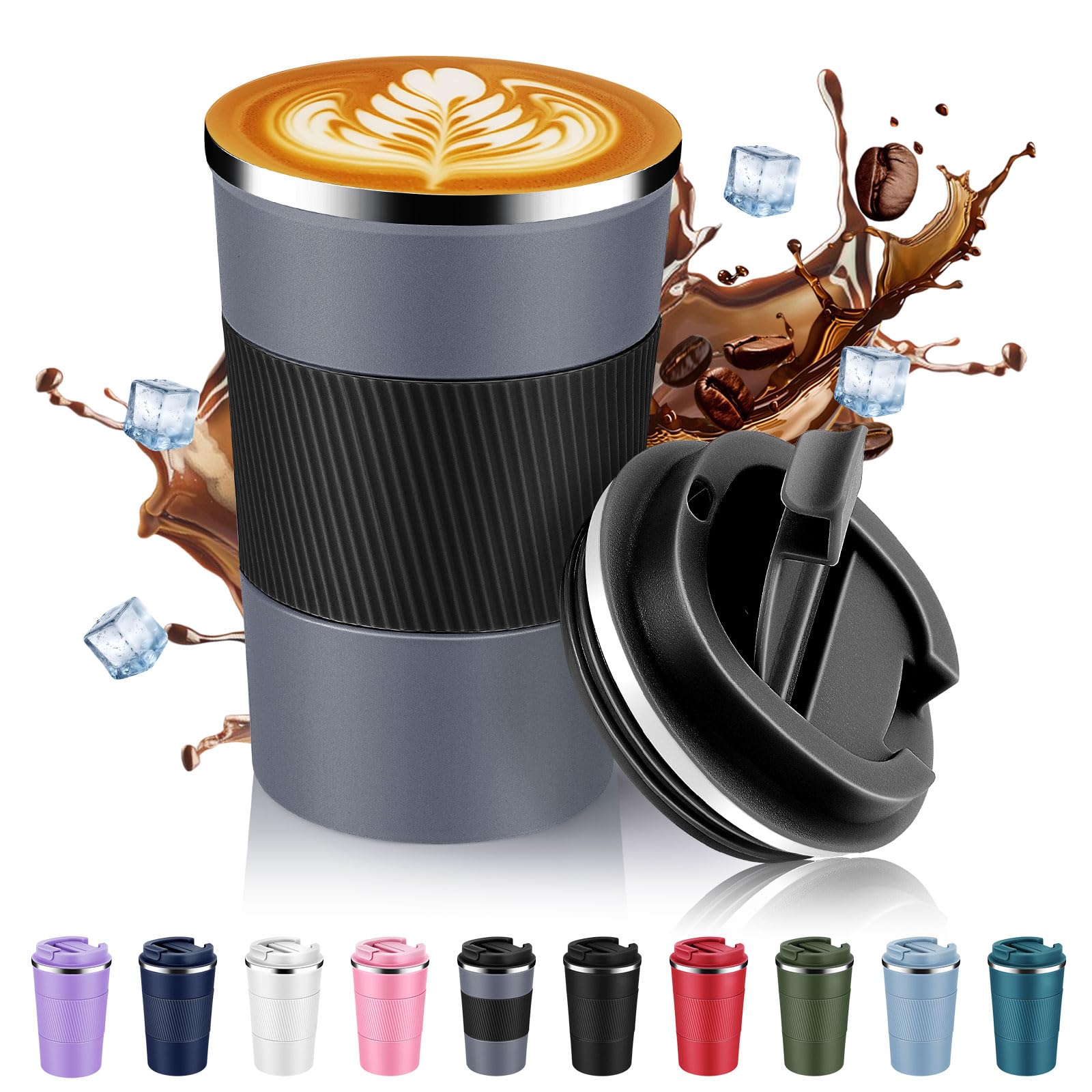 Volhoply 380ml 13oz Stainless Steel Insulated Travel Coffee Mug with Fip Lid,Reusable Double Wall Vacuum Metal Coffee Cup,Portable to Go Leak Proof Cafe Tumbler for Hot & Cold Drinks(Gray,1)