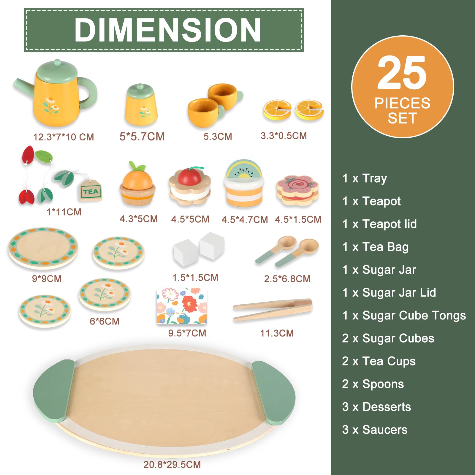 UCAMP Set da Tè in Legno per Bambini - 23pcs Accessori Cucina Giocattolo con Accessori - Regalo per Bambine 3+ Anni