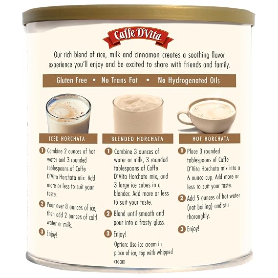 Caffe D'Vita Horchata Drink Mix - Instant Horchata Powder Mix, Gluten Free, No Cholesterol, No Hydrogenated Oils, No Trans Fat, Kosher-Dairy, Can be Enjoyed Hot, Iced, or Blended - 2 Lb Can
