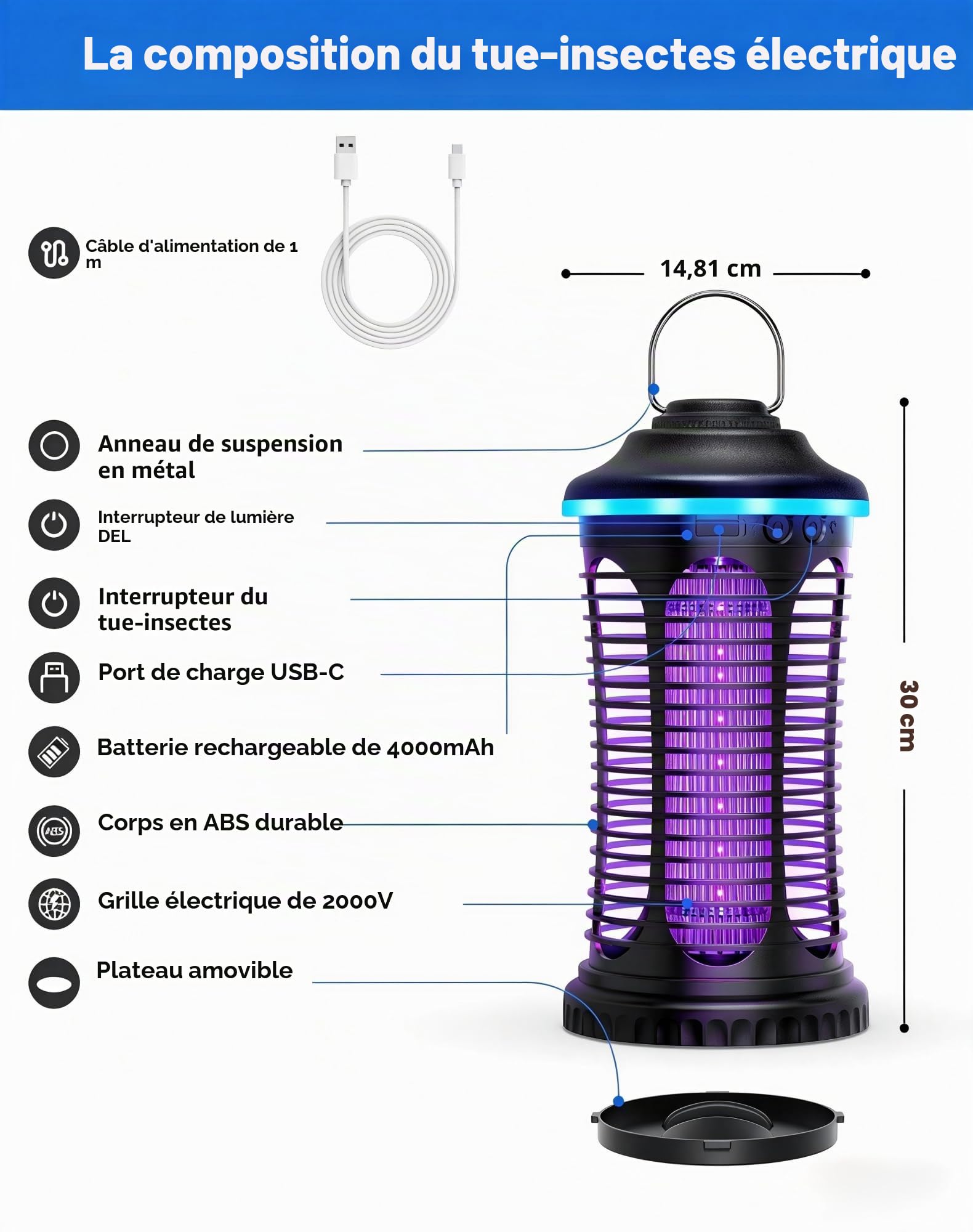 Lampe Anti Moustique, 4000 mAh Portable Rechargeable, Protection IP4X, contrôle USB, Tueur D'Insectes, Piège à Mouches Électrique boîtiers, Noir