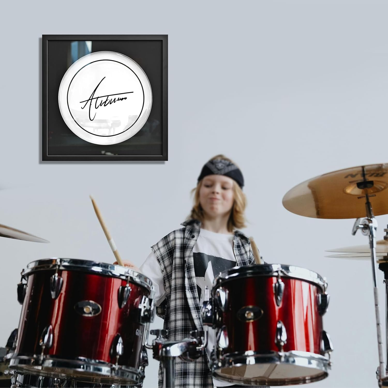 14 Inch Drum Head Display Case ,Wall Mount Shadow Box Frame for 14" Drum Heads, Signed Memorabilia Collection,Solid Wood Cabinet with Acrylic Front, 18.5x18.5 Inches, Musician Gift