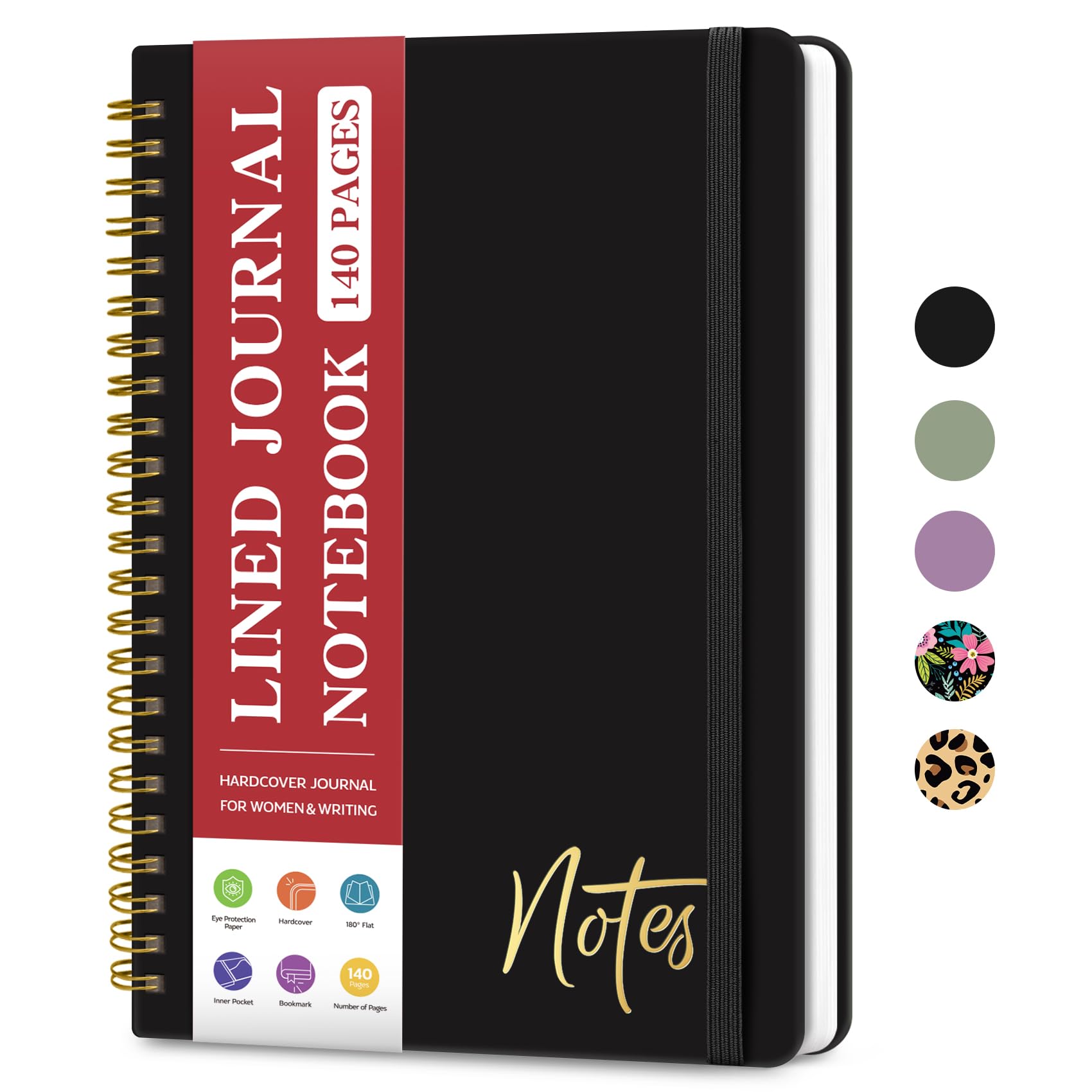 ZOTIA Ruled Spiral Journal Notebook, Business Hardcover College Writing and Lined Magazines for Women, Professional Notebooking, 140 Pages - Black