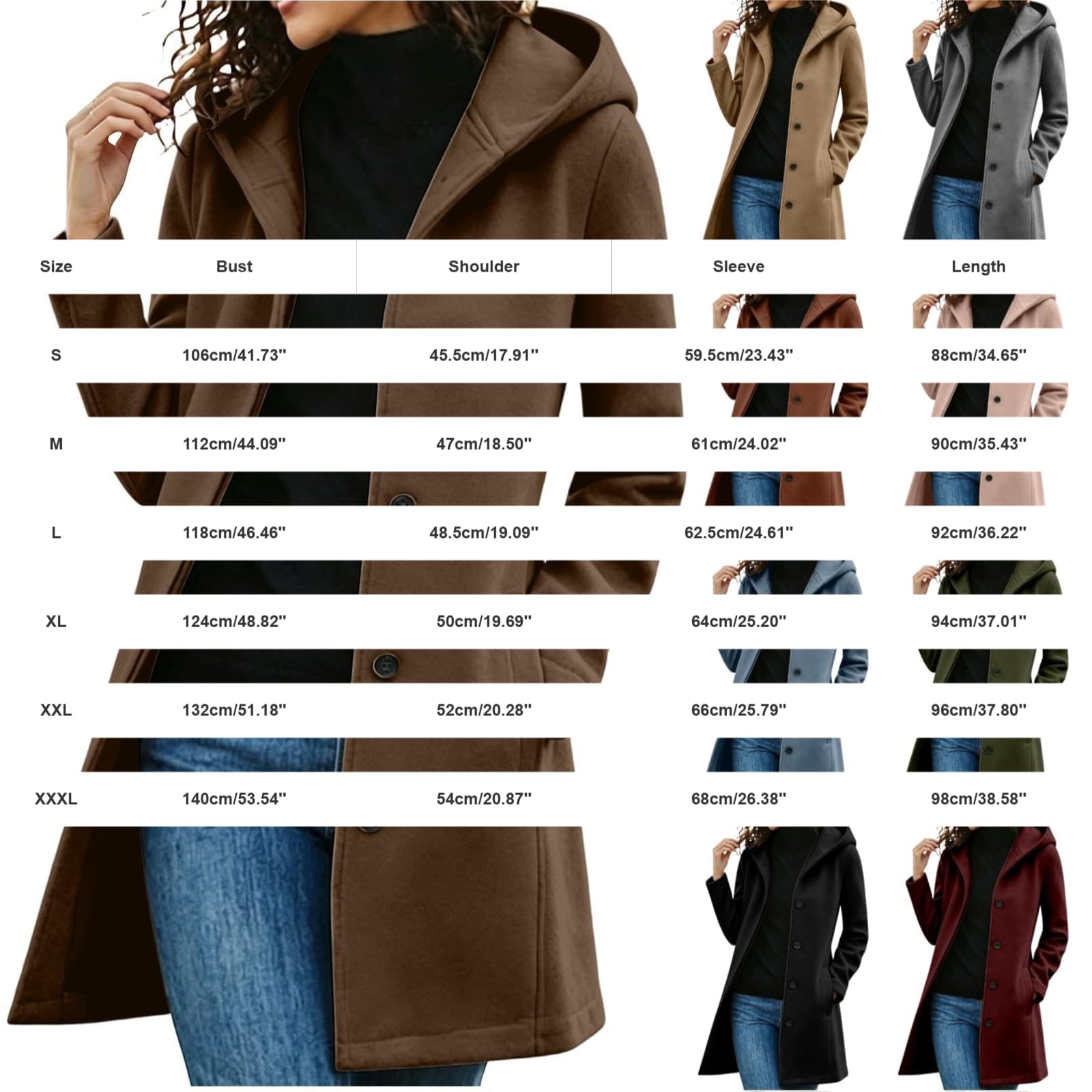 Générique Manteau Femme Long à Capuche Boutonné Hiver Veste Élégante Casual