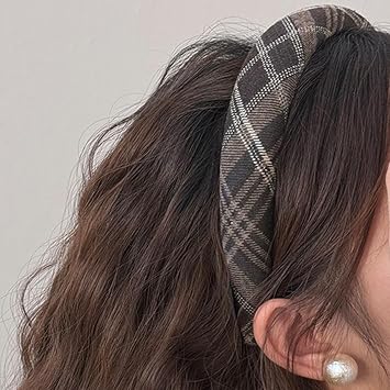 Grid Series Headband for Women Handmade Hairbands Deep Brown Headband Christmas Party Hair Hoop Tartan Headbands for Styling Plaid Headwear Strong Stretching French Hair Accessories 1Pcs