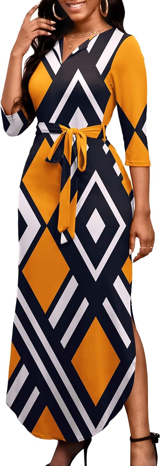 FANDEE Maxi Dress for Women, Long Print Dresses Casual V Neck 3/4 Sleeve