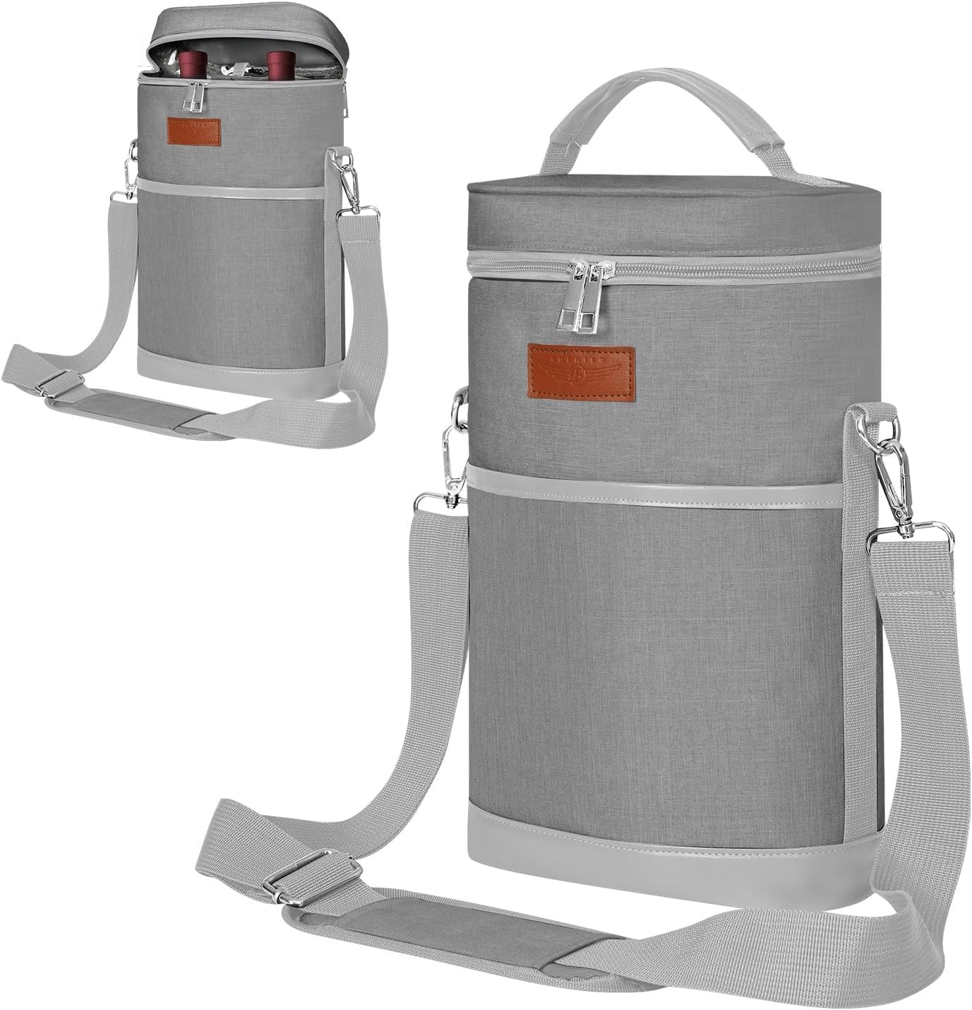 FOCHIER F 2 Bottle Wine Gift Bag, Insulated Wine Bottle Carrier Tote bag, Wine Cooler Bag for Travel, Picnic, Party, Dinner, Great Christmas Day Gift, Grey