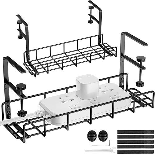 Bandeja de gestión de cables debajo del escritorio, paquete de 2, abrazadera de brazo largo mejorada, hacia dentro o hacia fuera, organizador de
