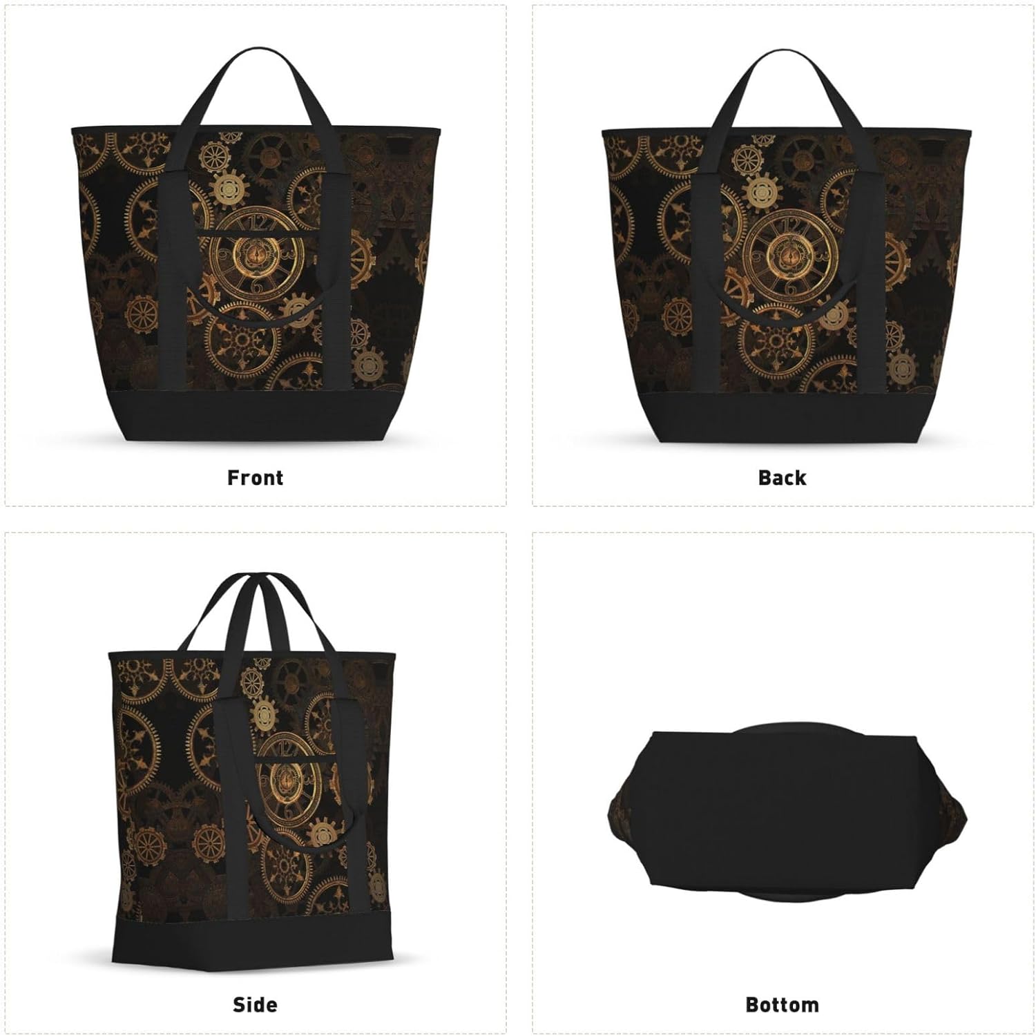 Gears Clock Bronze Century Print Large Cooler Bag Tote Bag,Reusable Grocery Bag,Lunch Box Bag, For Picnic Beach Camping