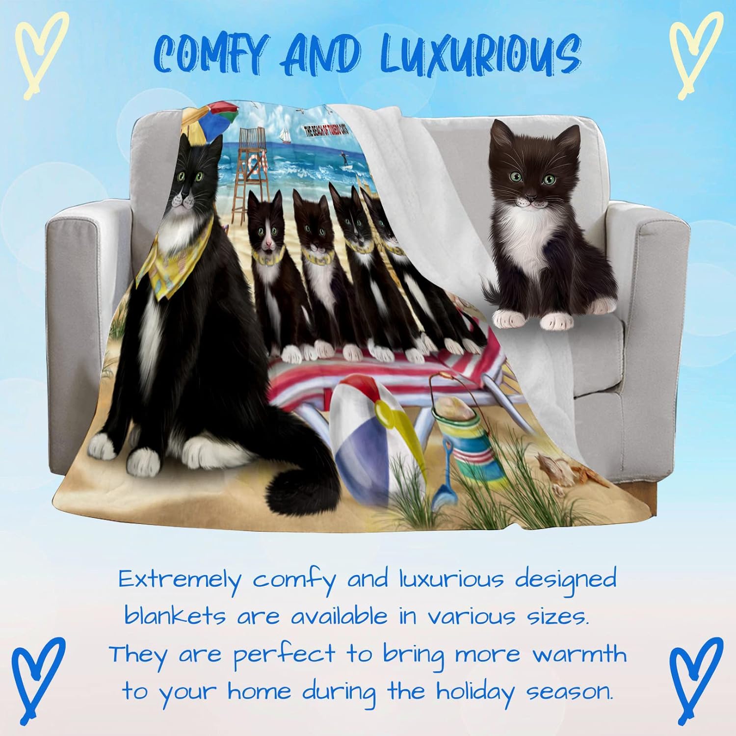 Pet Friendly Beach Tuxedo Cats Blanket - Lightweight Super Soft Cozy and Durable Bed Blanket - Animal Theme Fuzzy Blanket for Sofa Bed Couch BLNKT55111 (50x60 Sherpa)