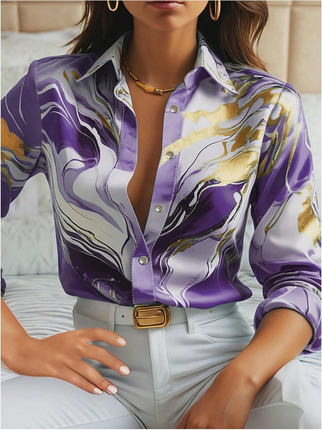 WDIRARA Women's Plus Size Marble Print Button Down Long Sleeve Shirt Collar Blouse Top - Image 6