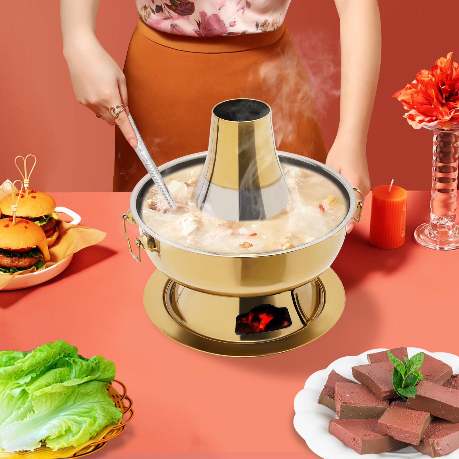 Hotpot en acier inoxydable 2,3 l - Hotpot chinois avec cheminée - Hotpot vintage en acier inoxydable - Pour fondue à la viande chinoise - Cuiseur d'agneau - Pour la maison, les restaurants (couleur