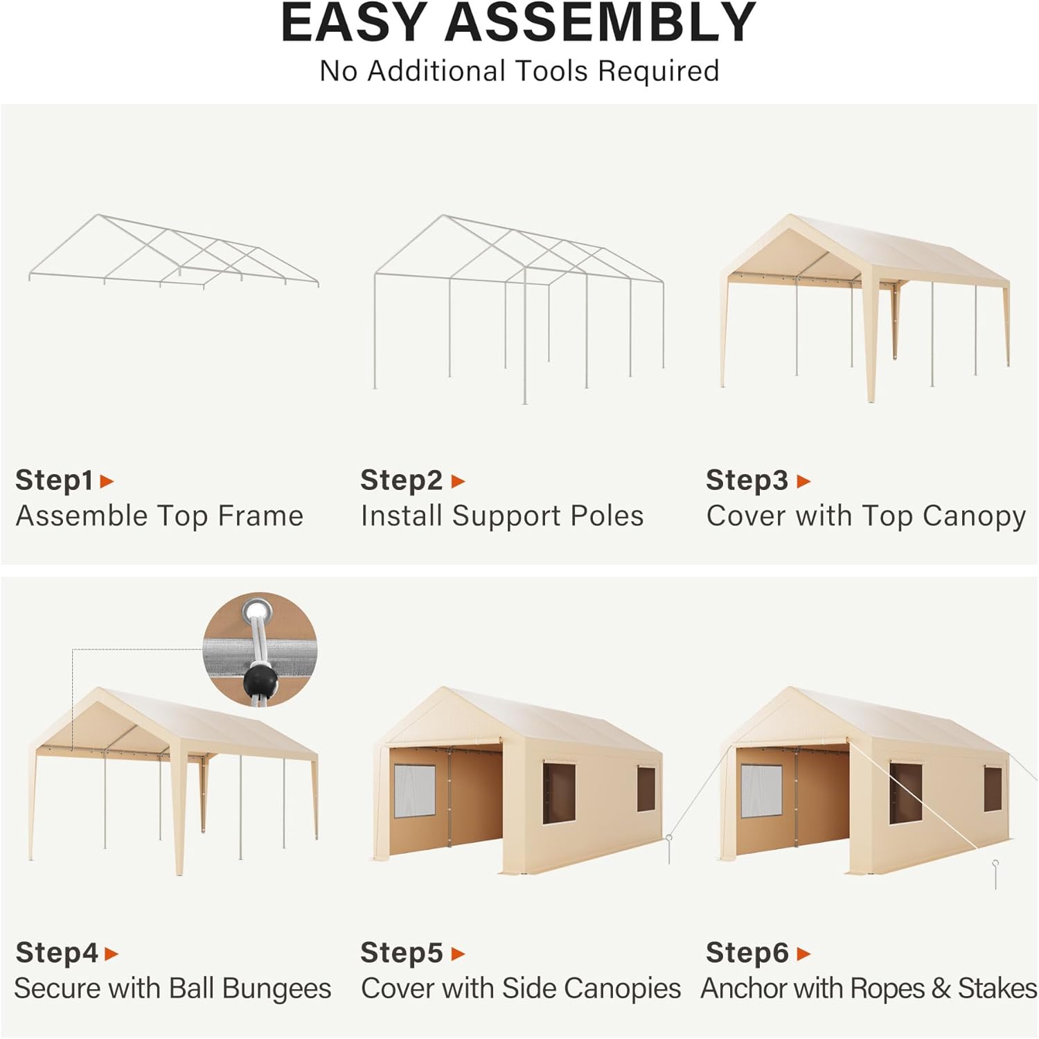 LAUSAINT HOME 10x20FT Portable Carport, Heavy-Duty Outdoor Car Shelter with Removable Sidewalls, Doors & Ventilated Roll-Up Windows, Garage Tent for Car, Boat & Truck, Khaki