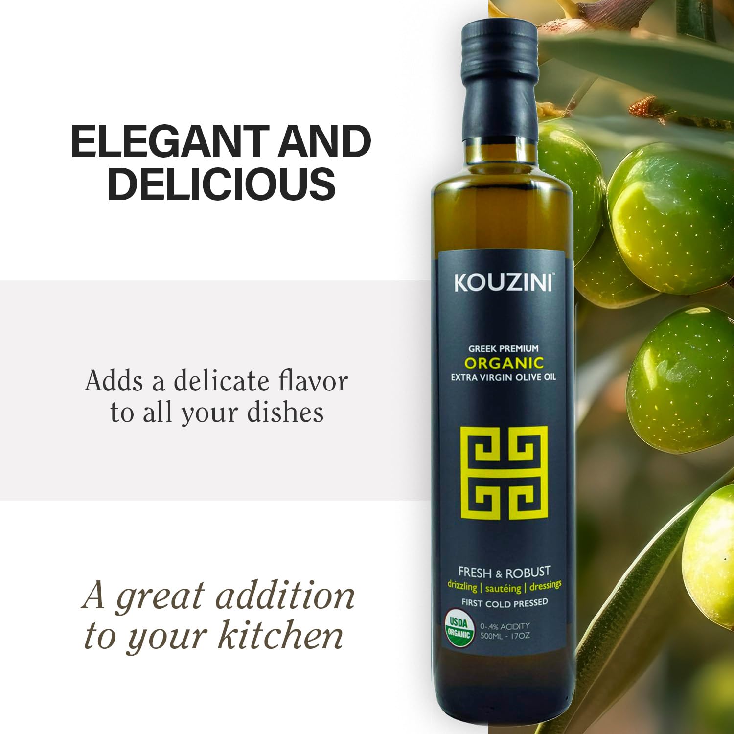 Kouzini Hercules Bundle, Greek Premium Raw Unfiltered, Organic, Extra Virgin Olive Oil, Balsamic Vinegar, and Toscano Basil & Garlic Seasoning, For Kitchen, Grill, Salad Dressings